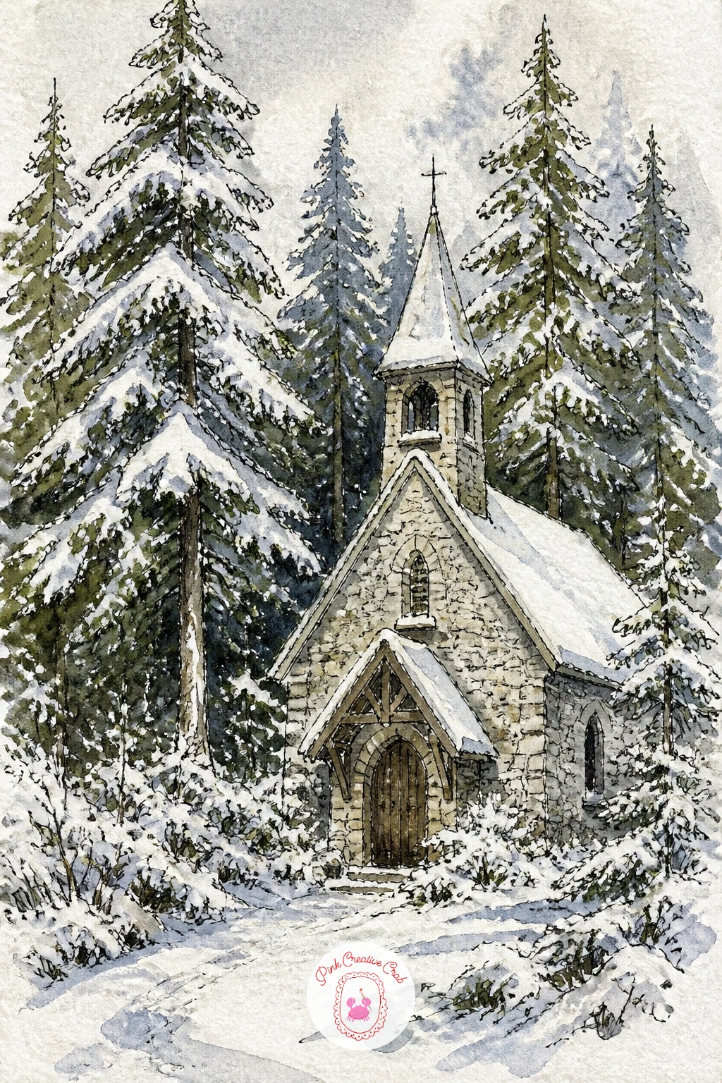 Stone Chapel Among Snowy Pines — Return to the forest for a stone chapel among snowy pines, the trees doing as much work in this drawing as the building