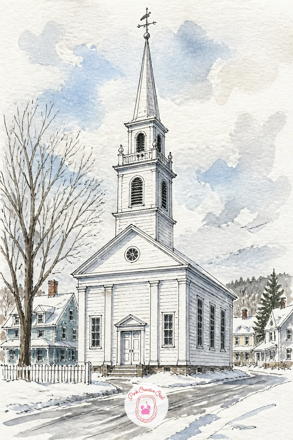 White Clapboard Church in a New England Village — Go crisp and graphic with a white clapboard church in a snowy New England village, a subject built almost