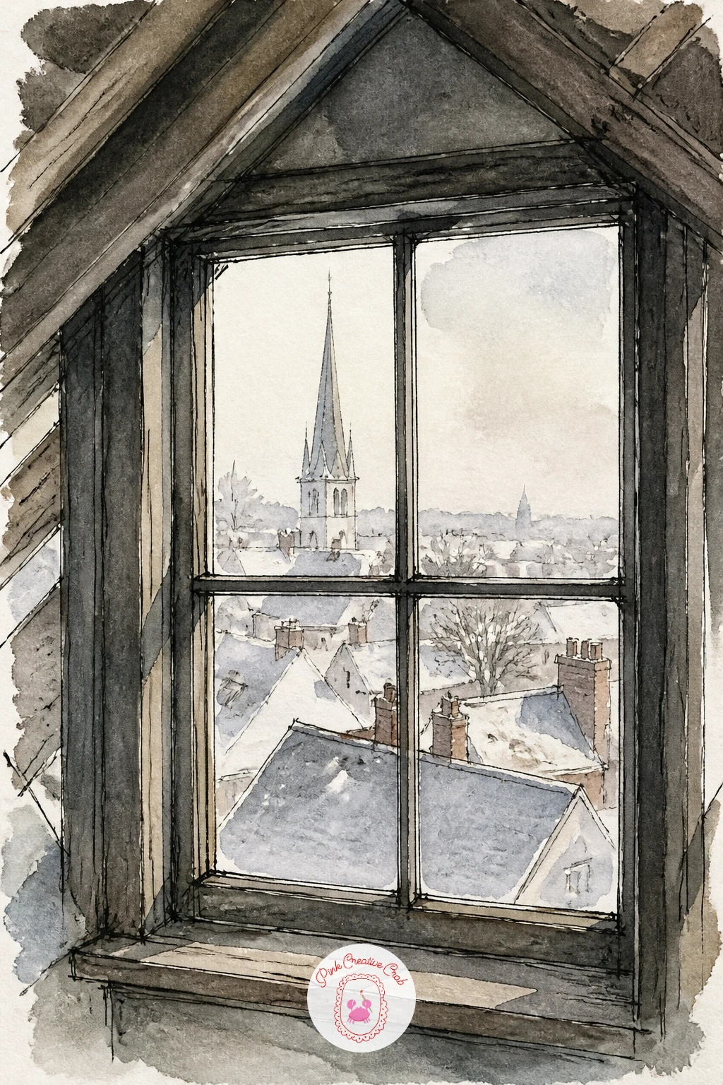 Church Steeple Seen Over Rooftops From an Attic Window — Try an unusual viewpoint with a church steeple seen over rooftops from an attic window, framed by the