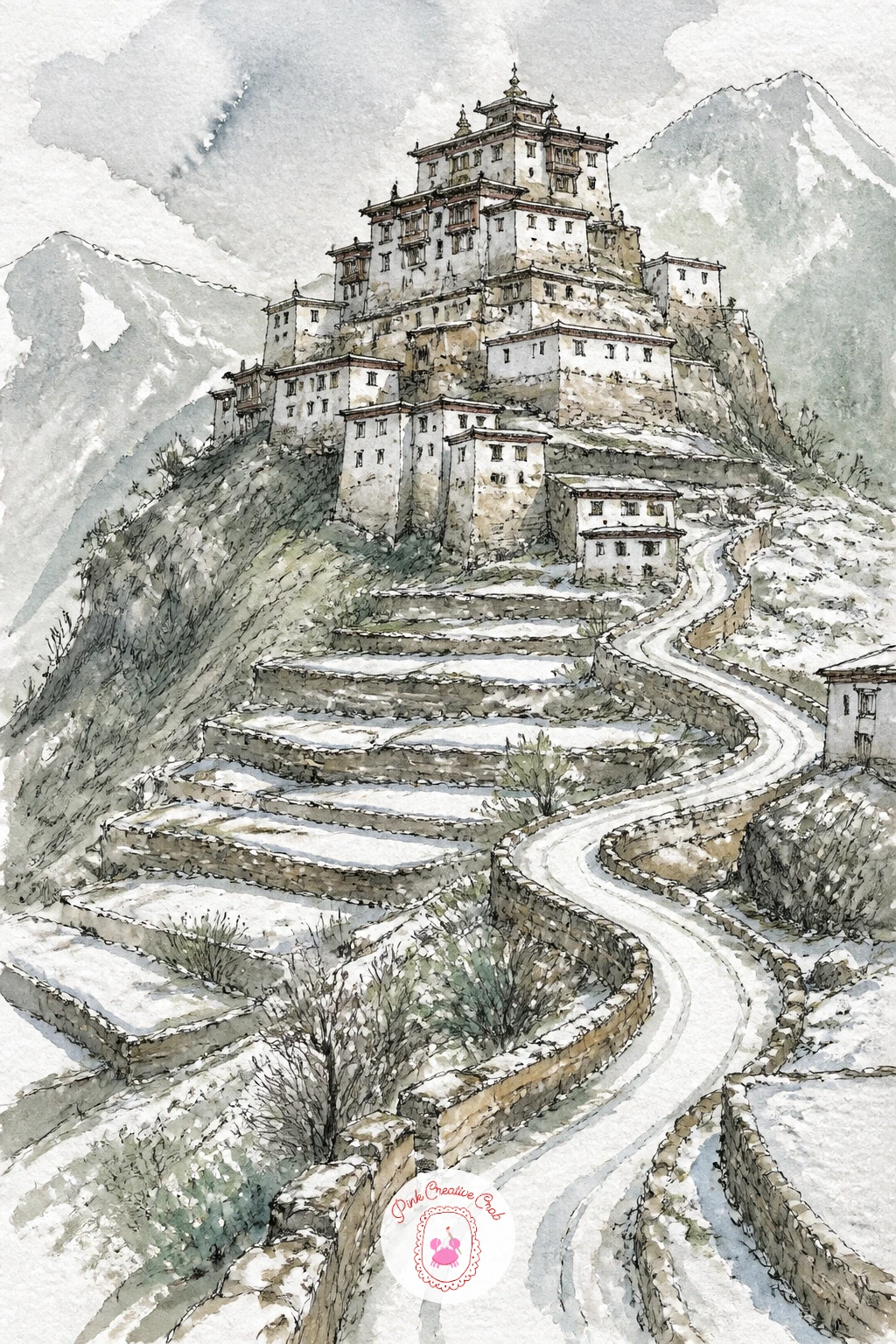 Hilltop Monastery With Snowy Terraces — Take on a bigger structure with a hilltop monastery with snowy terraces and a winding road climbing toward it. Church