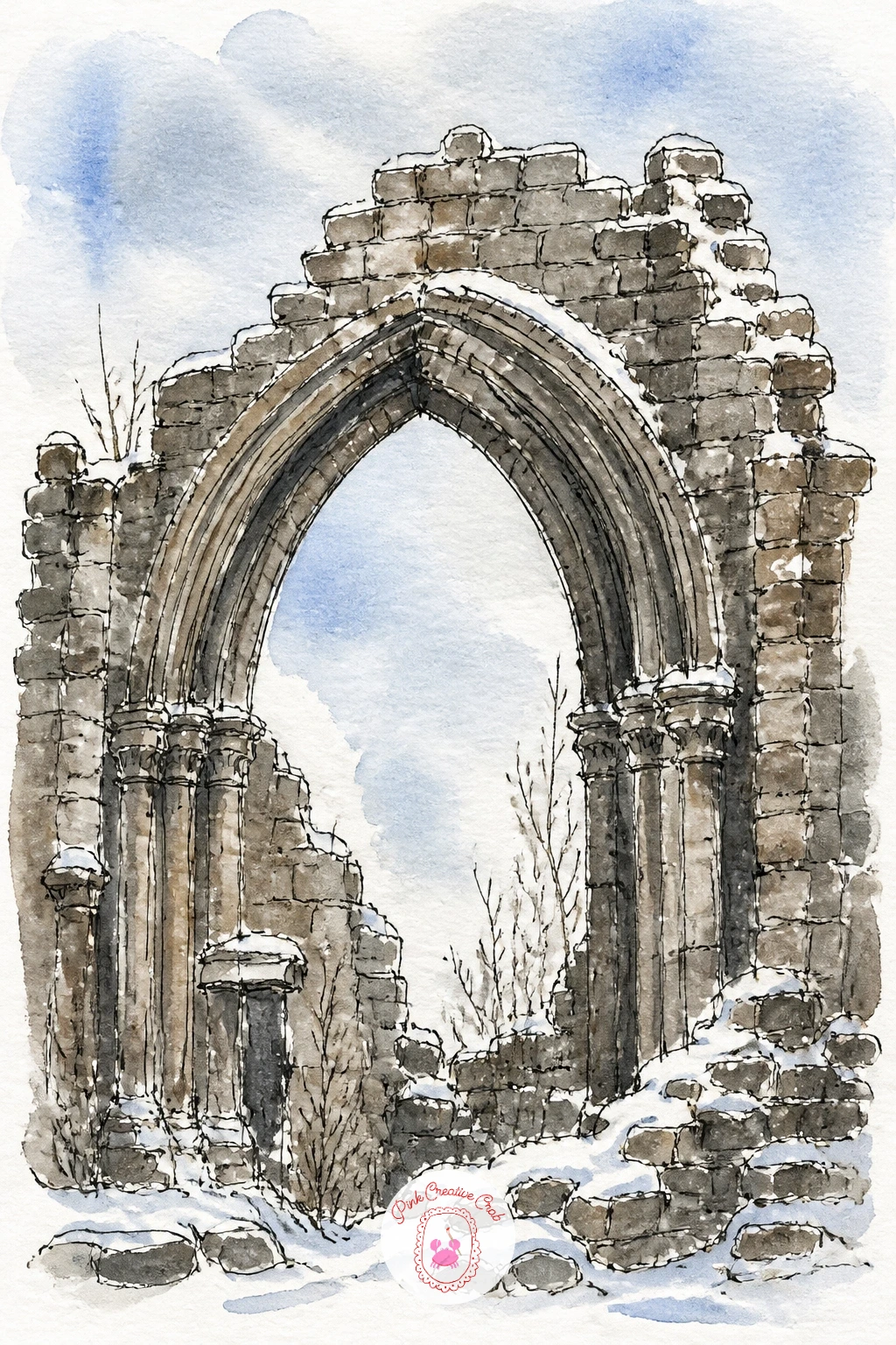 Ruined Abbey Arch With Snow on Its Stones — Slow right down for a ruined abbey arch with snow resting on its broken stones, a single architectural fragment
