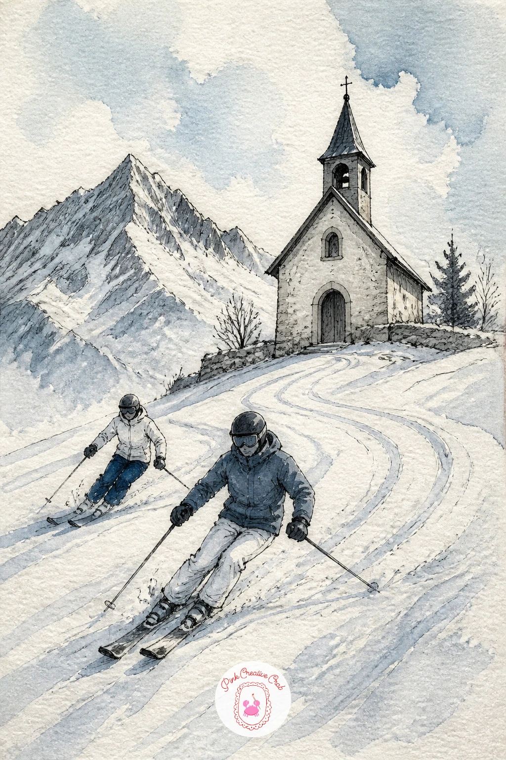Two Skiers Gliding Past an Alpine Chapel — Add motion with two skiers gliding past a tiny alpine chapel tucked at the base of a slope. Church drawing