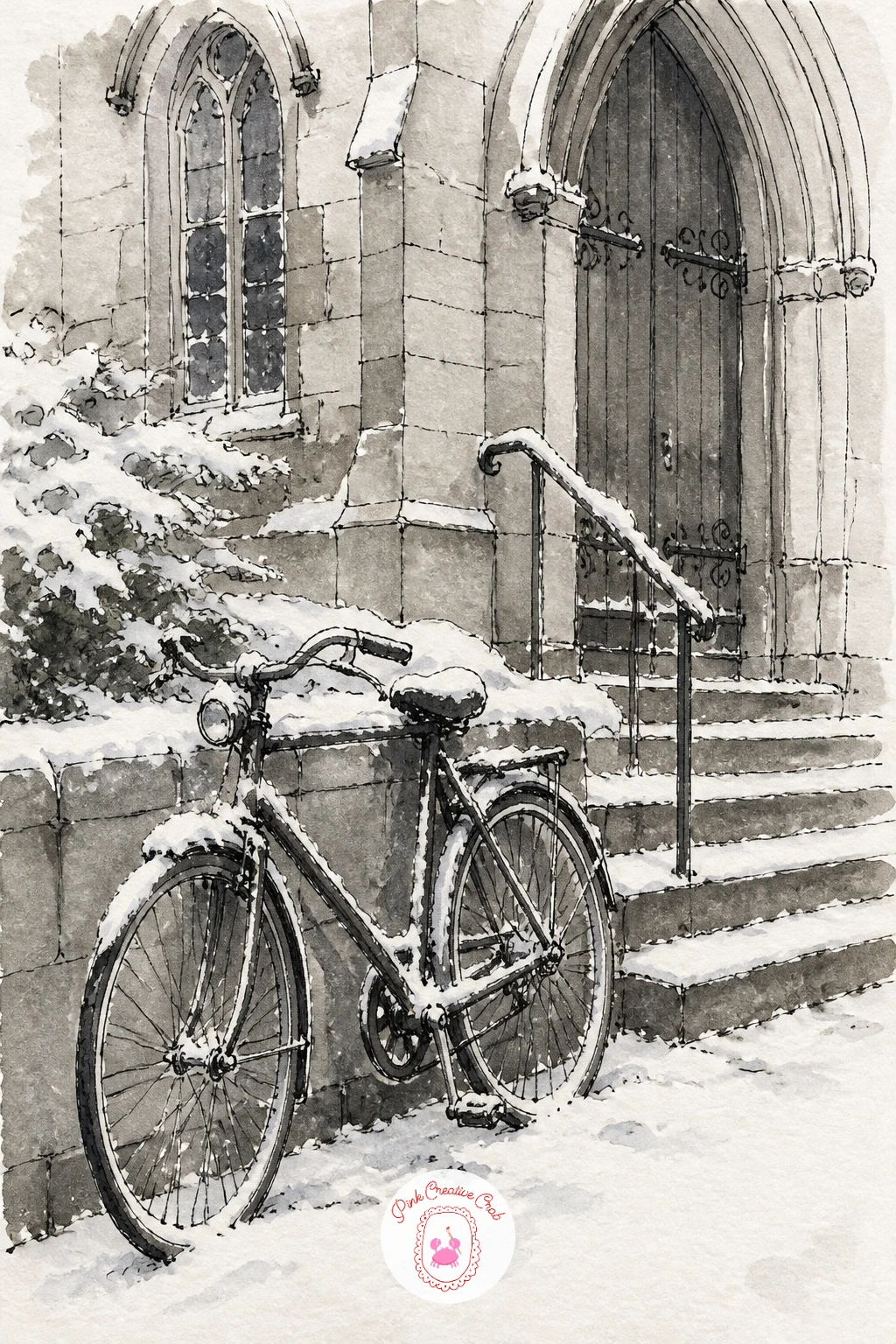 Bicycle Leaning by Snowy Church Steps — Bring the scene back to something very small and human with a bicycle leaning by snowy church steps, left there for a