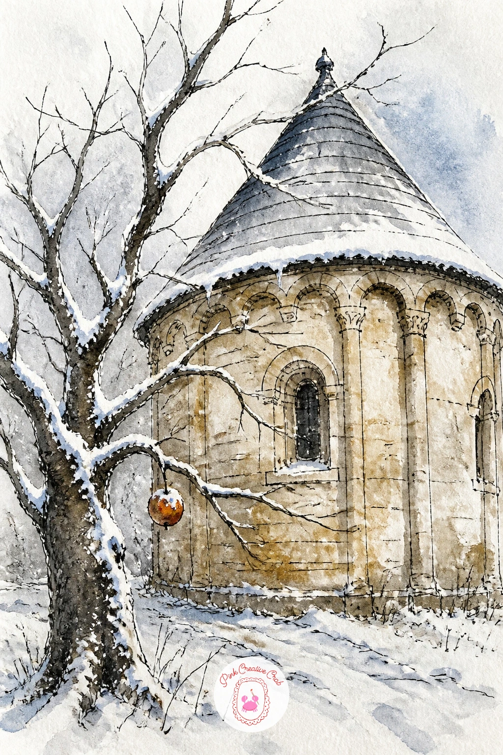 Round Romanesque Chapel Beside a Snowy Apple Tree — Finish on a gentler note with a round Romanesque chapel beside a snowy apple tree, its bare branches