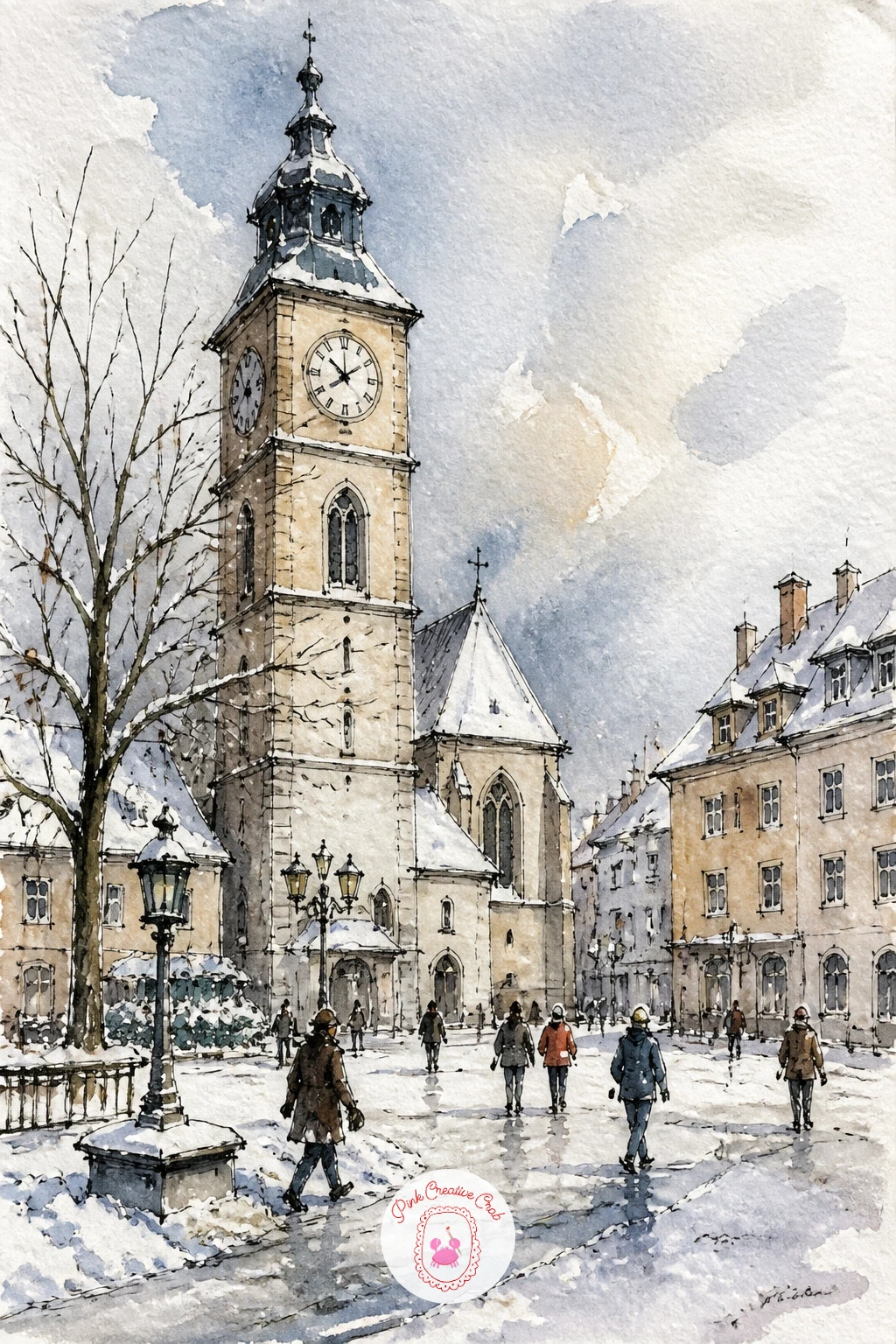 Church Tower Clock Over a Snowy Town Square — End the list with a busier scene: a church tower clock over a snowy town square with walkers crossing below.