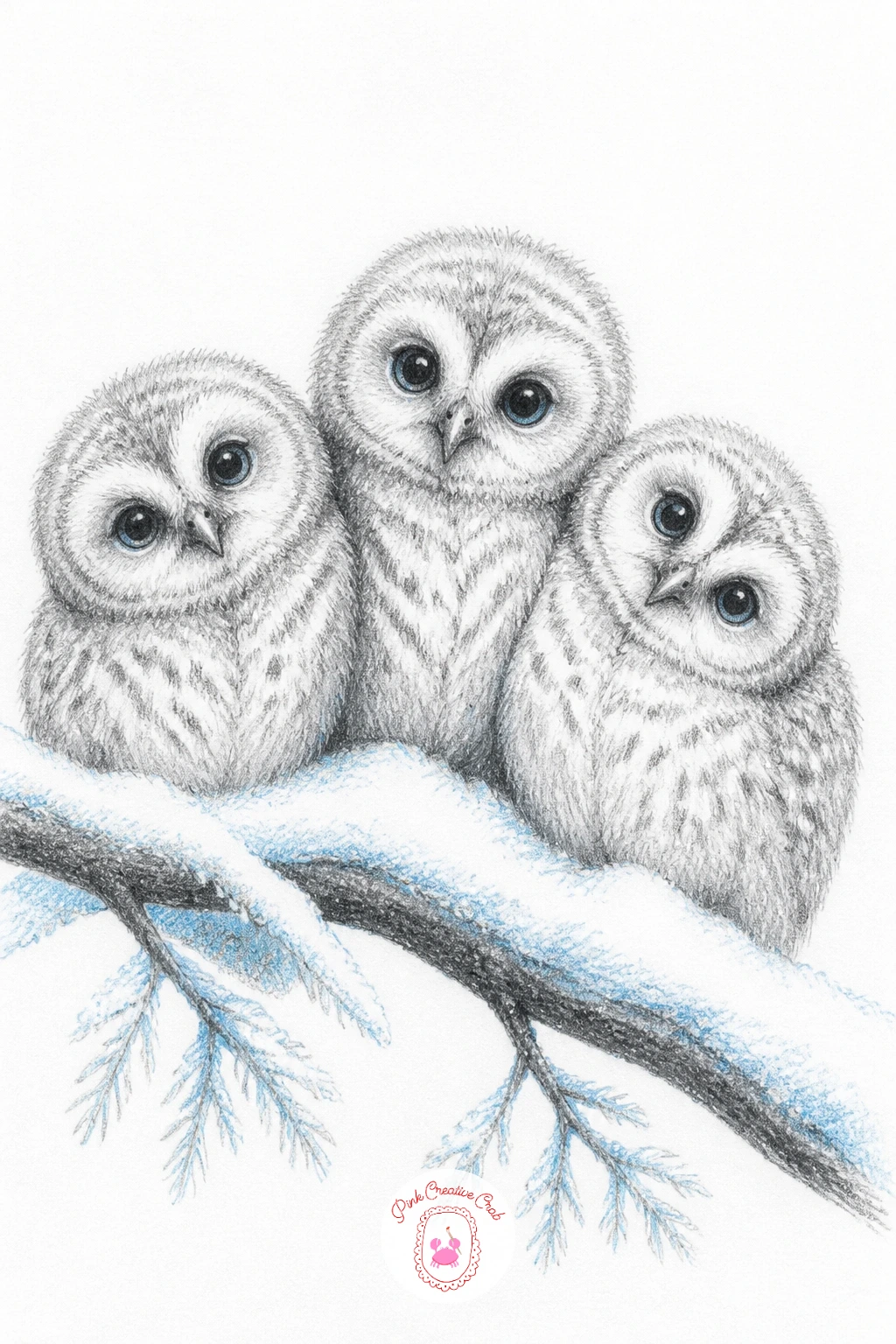 Three Owlets on a Snowy Branch — Three fluffy owlets squeezed together on a snowy branch is one of the most charming setups in this whole list, and the trick