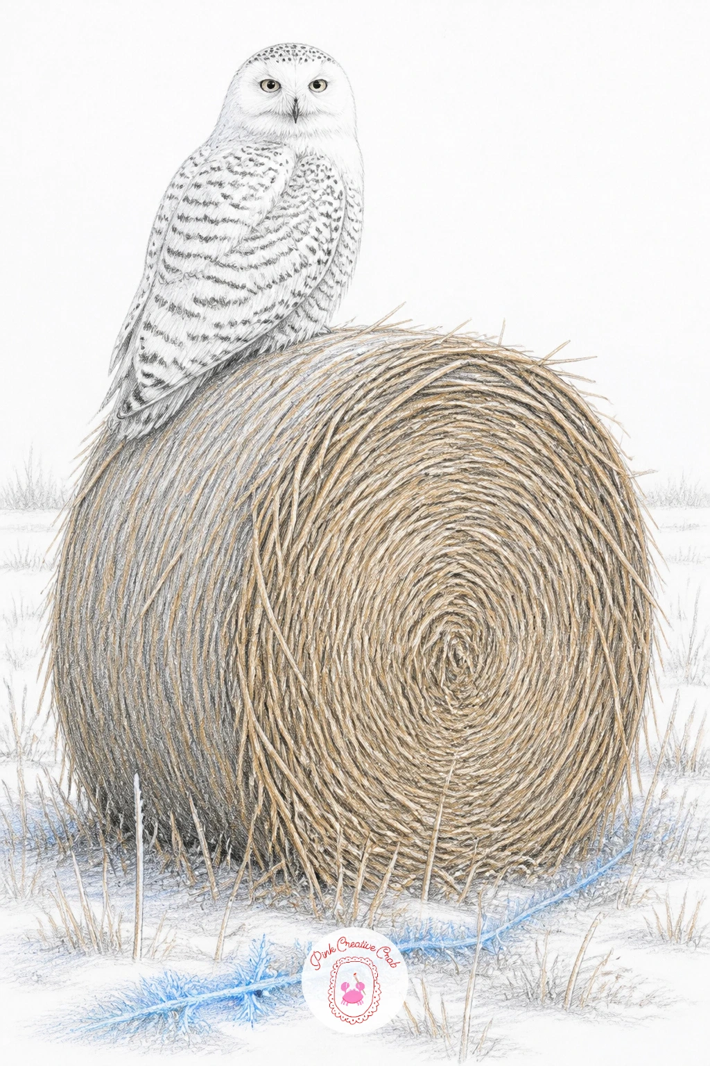 Snowy Owl on a Hay Bale — Snowy owl sitting on a hay bale in a frozen meadow lets you practice drawing a curved surface under your subject instead of a flat