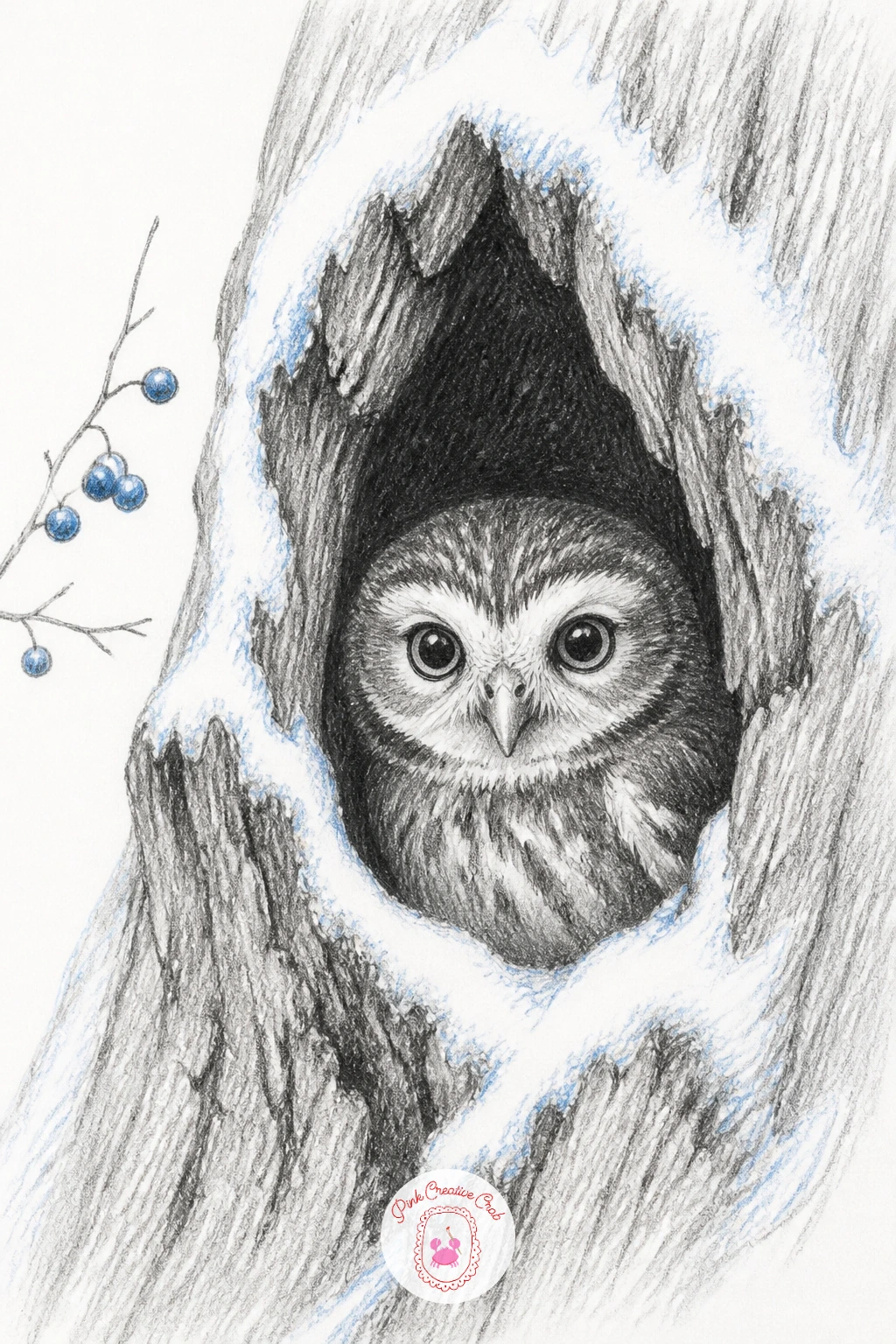 Little Owl in a Snowy Tree Hollow — Little owl peeking out of a tree hollow edged with snow turns the whole drawing into a study of darkness and framing. Owl