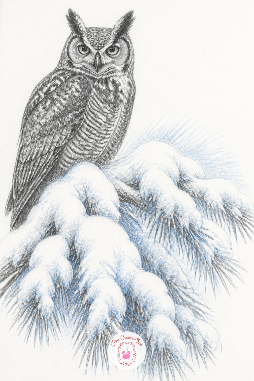 Great Horned Owl on a Snow-Heavy Bough — Great horned owl on a pine bough heavy with snow brings two strong textures into one drawing: the owl's tufted ear