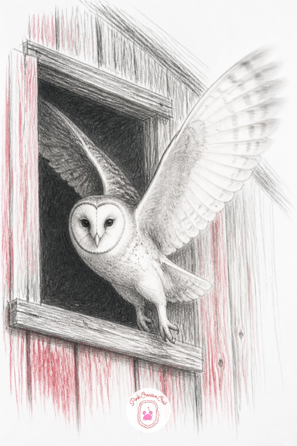 Barn Owl Flying Out of a Hayloft Window — Barn owl flying out of an old hayloft window moves you into mid-flight action with a strong architectural frame