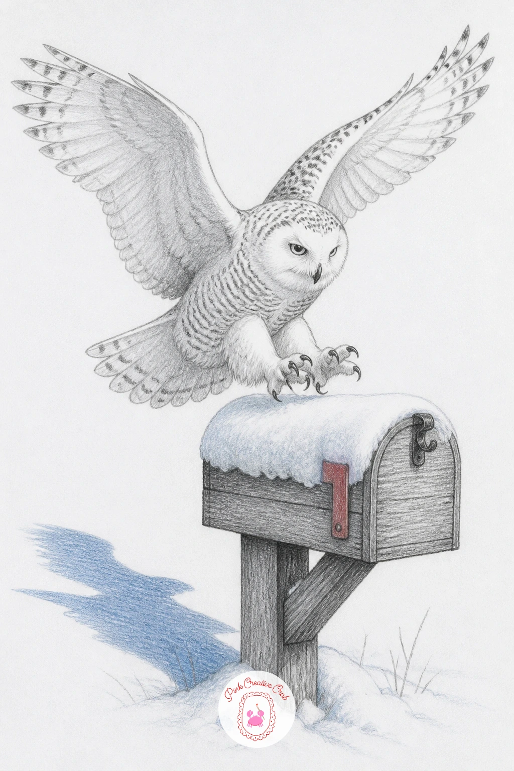 Snowy Owl Landing on a Mailbox — Snowy owl landing on a wooden mailbox with talons out is a fun midpoint subject because it asks you to draw a bird in that