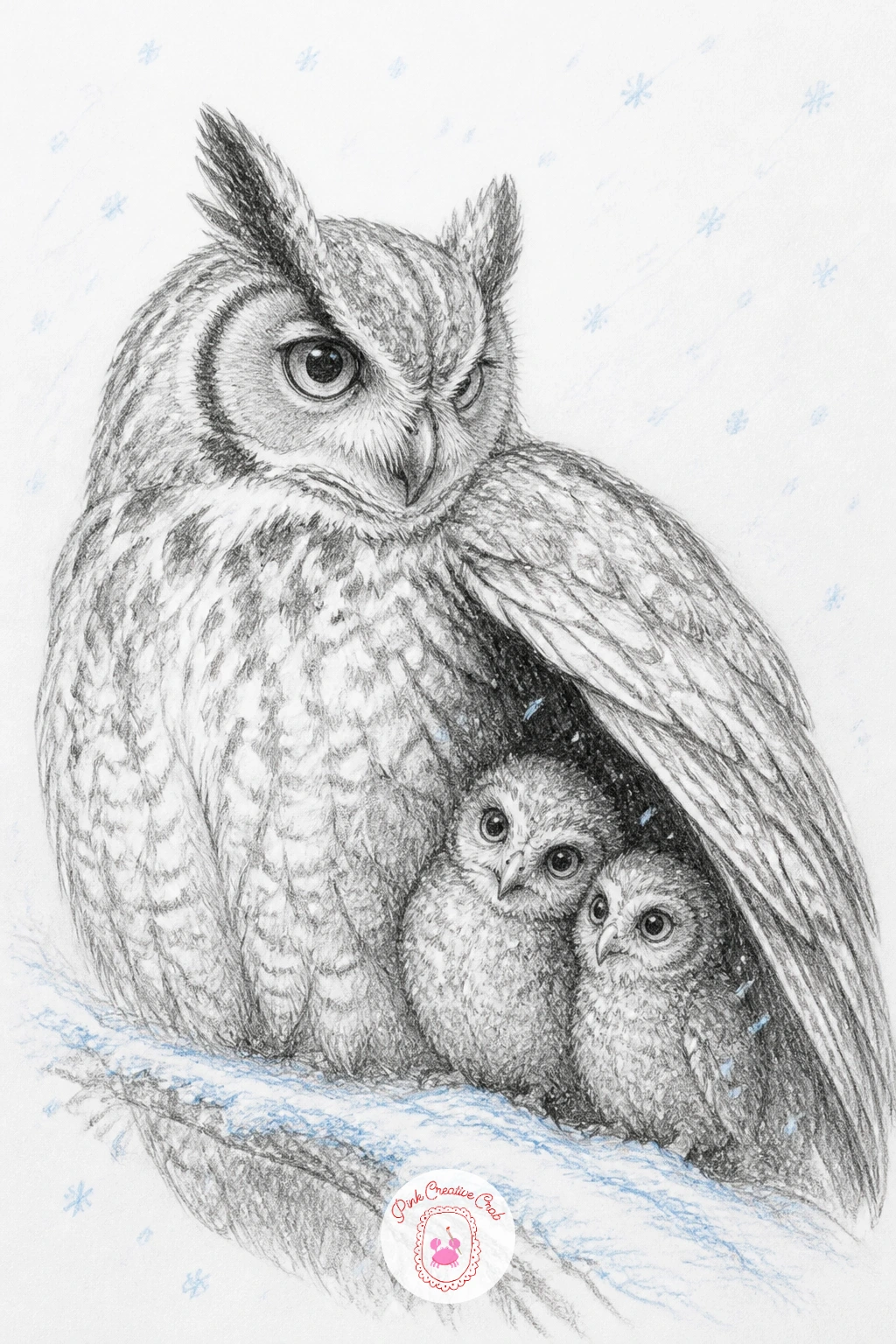 Mother Owl Sheltering Two Owlets — Mother owl sheltering two owlets under her wing is a tender composition built on one large protective shape covering two