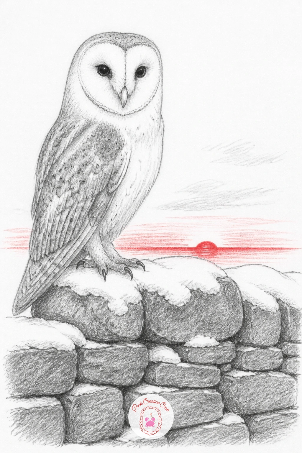 Barn Owl on a Snowy Stone Wall at Sunset — Barn owl perched on a snowy stone wall at sunset asks you to balance a cold subject against a warm sky, which is one