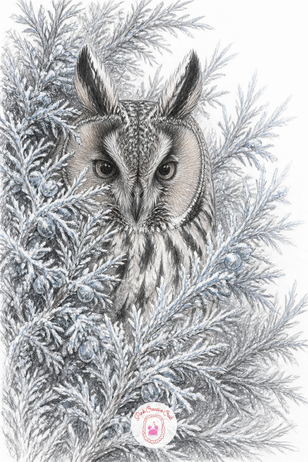 Long-Eared Owl Hiding in a Juniper Bush — Long-eared owl hiding in a frosted juniper bush is a satisfying camouflage challenge, since the whole point is that