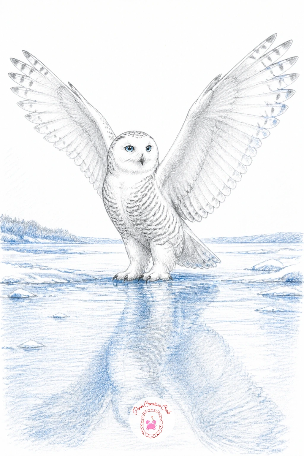 Snowy Owl Stretching Wings on a Frozen Lakeshore — Snowy owl stretching its wings on a frozen lakeshore gives you a wide, open composition after several