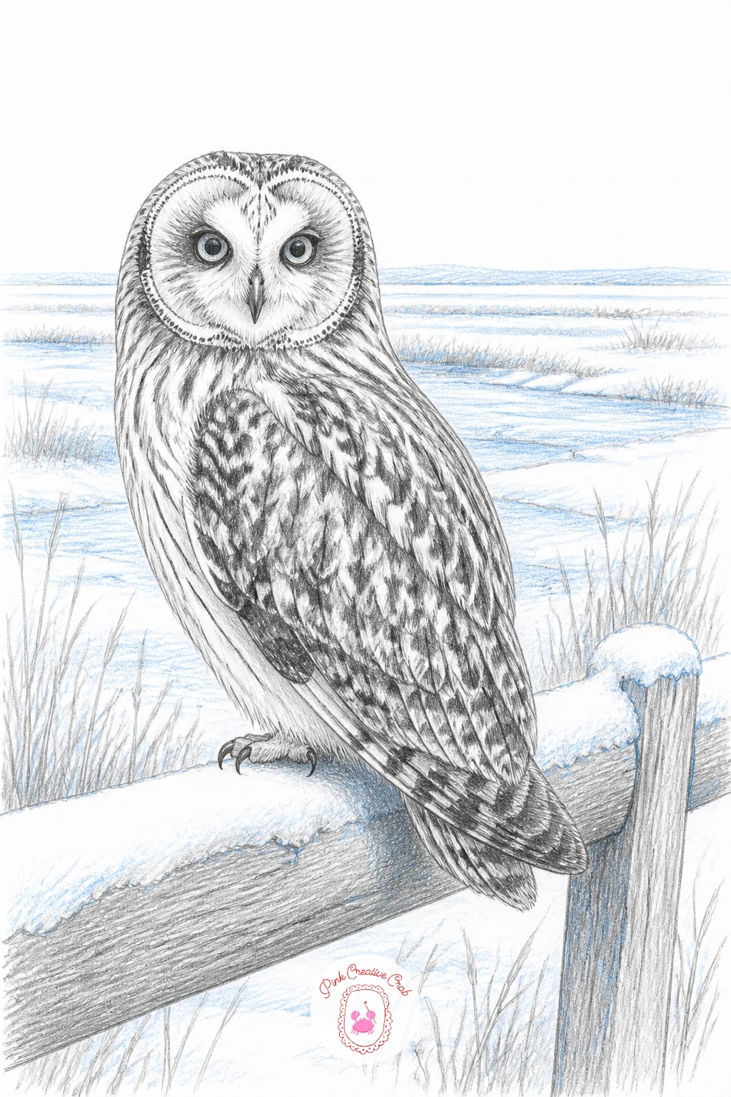 Short-Eared Owl Above a Frozen Marsh — Short-eared owl on a snowy fence rail above a frozen marsh pairs a simple perched bird with a wide, atmospheric