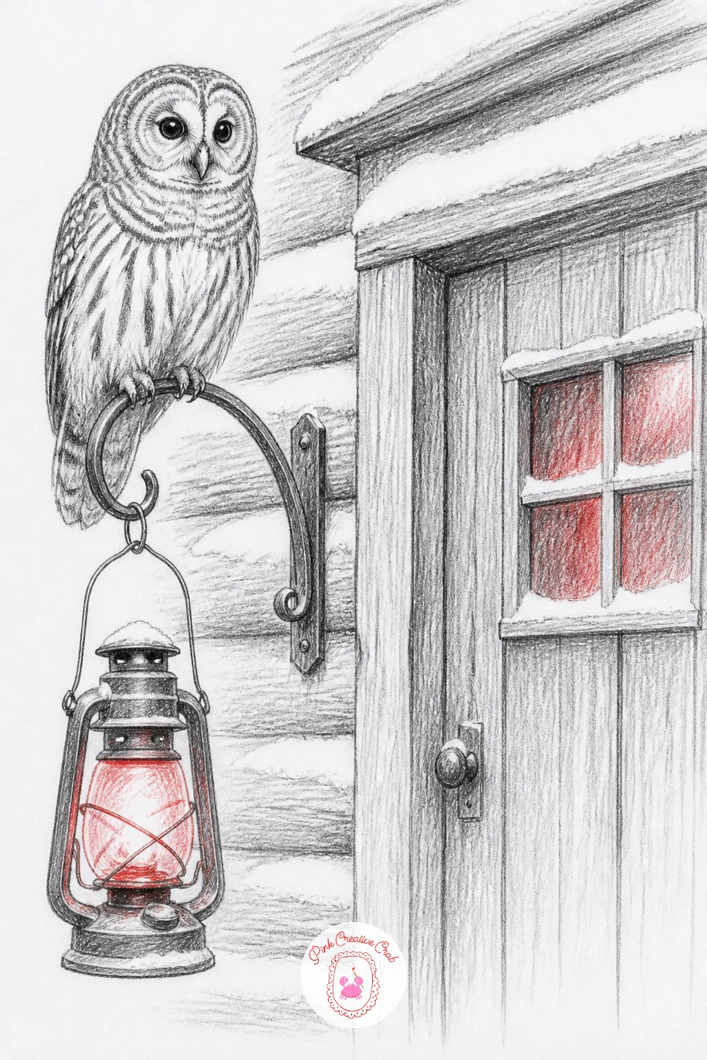 Owl on a Lantern Hook by a Cabin Door — Owl perched on a lantern hook beside a snowy cabin door brings a cozy, storybook feeling into the list, blending