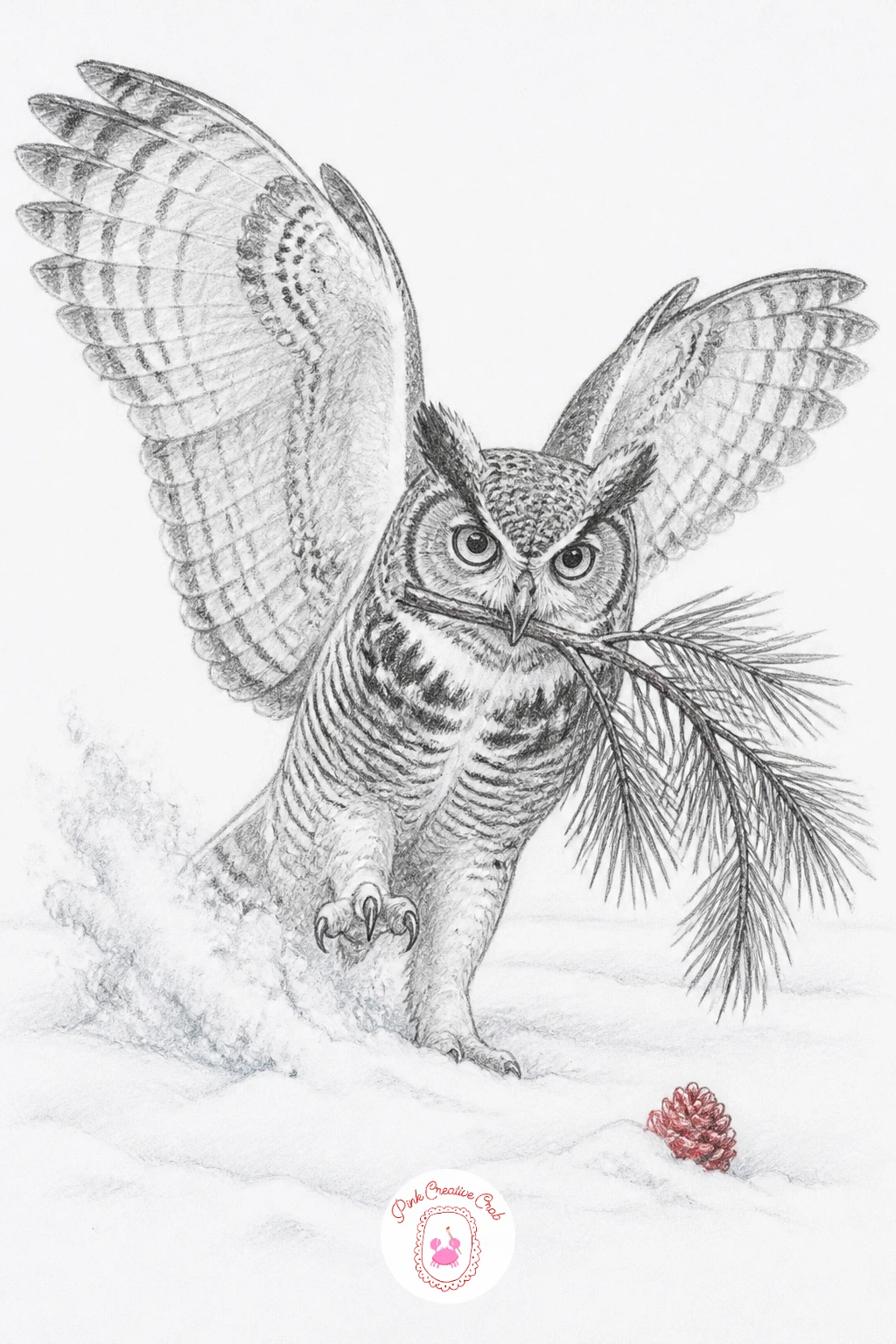 Owl Clutching a Pine Twig While Landing — Owl clutching a pine twig as it lands in deep snow is a dynamic pose built around the moment of impact, with snow