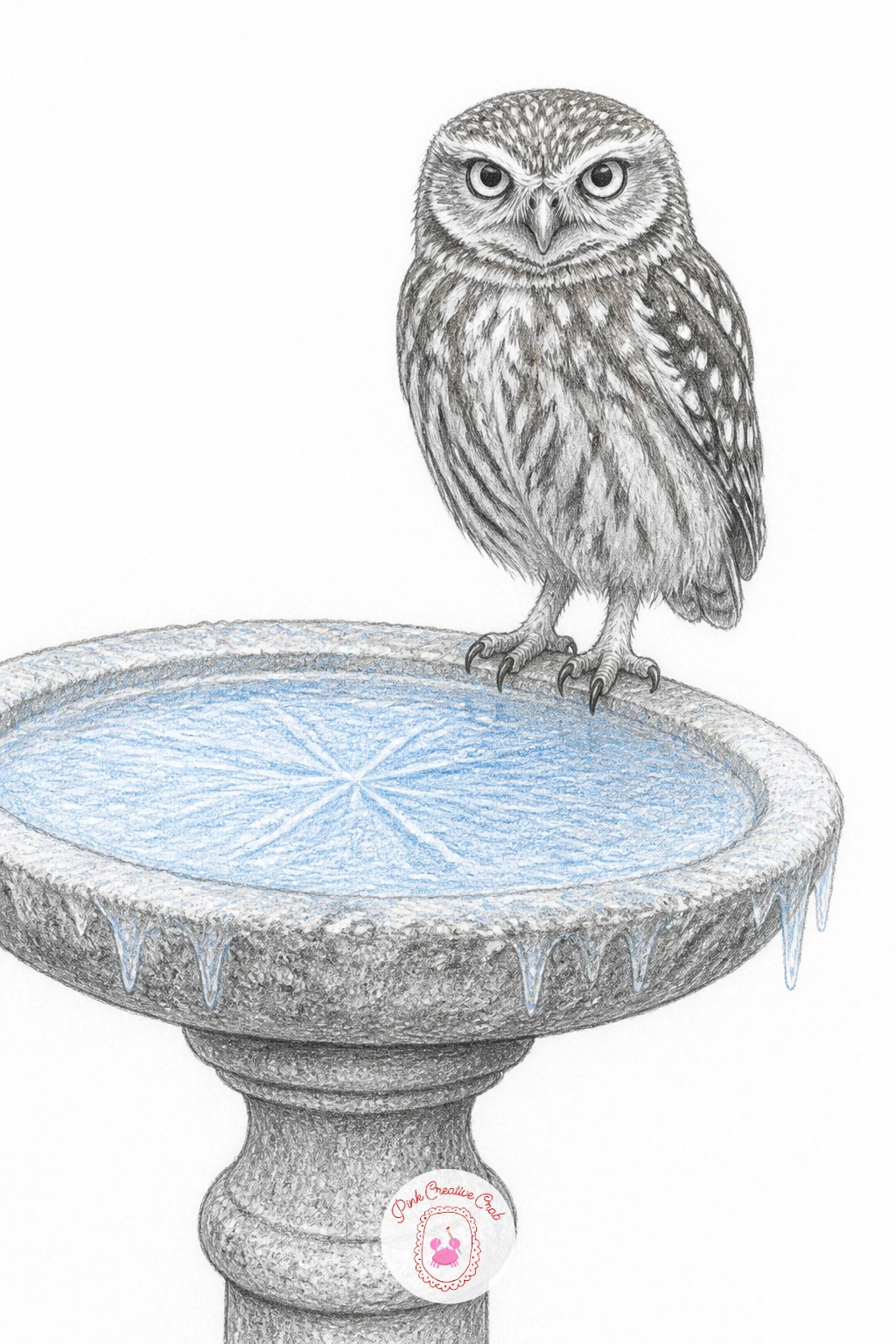 Little Owl on a Frozen Birdbath — Little owl standing on a frozen garden birdbath brings the whole list into a backyard setting, which makes a nice