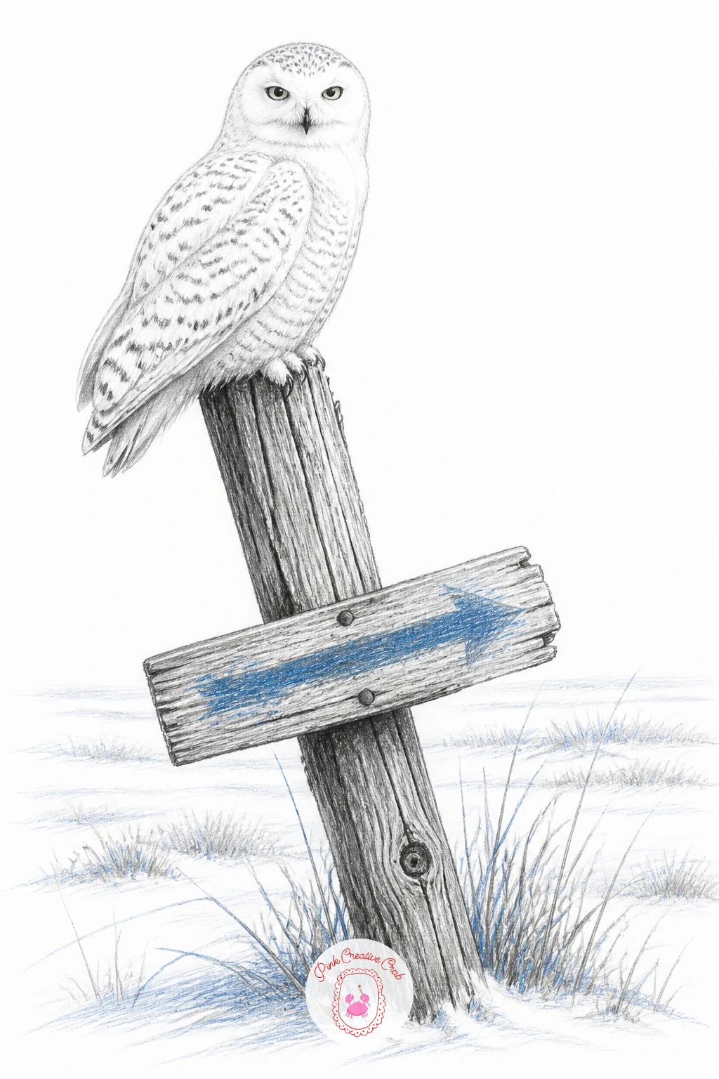 Snowy Owl on a Weathered Signpost — Snowy owl perched on a weathered signpost in a winter field is a good subject for combining a strong vertical element with