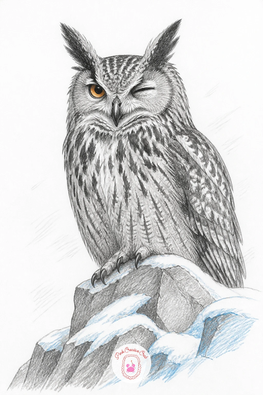 Eagle Owl Blinking on a Rocky Ledge — Eagle owl blinking slowly from a snowy rocky ledge closes the list with the largest, most commanding owl species here