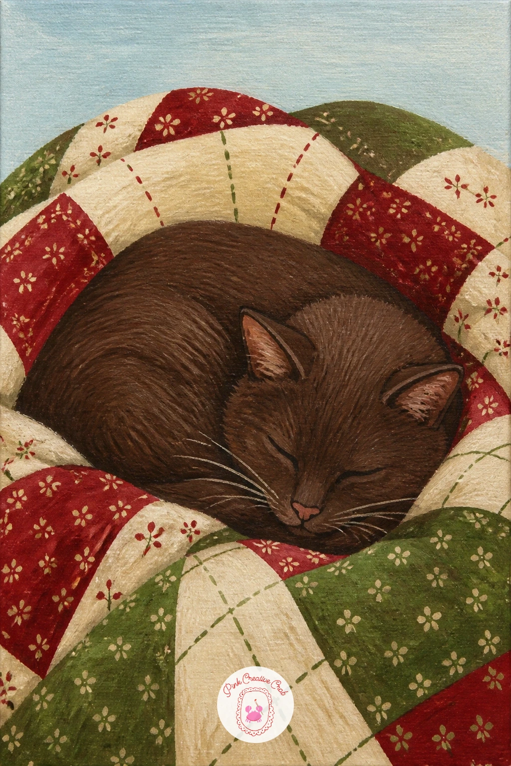 Cat Asleep Under a Patchwork Quilt — Start with a cat asleep on a lap under a patchwork quilt, since it is the simplest shape in this whole list: one curled