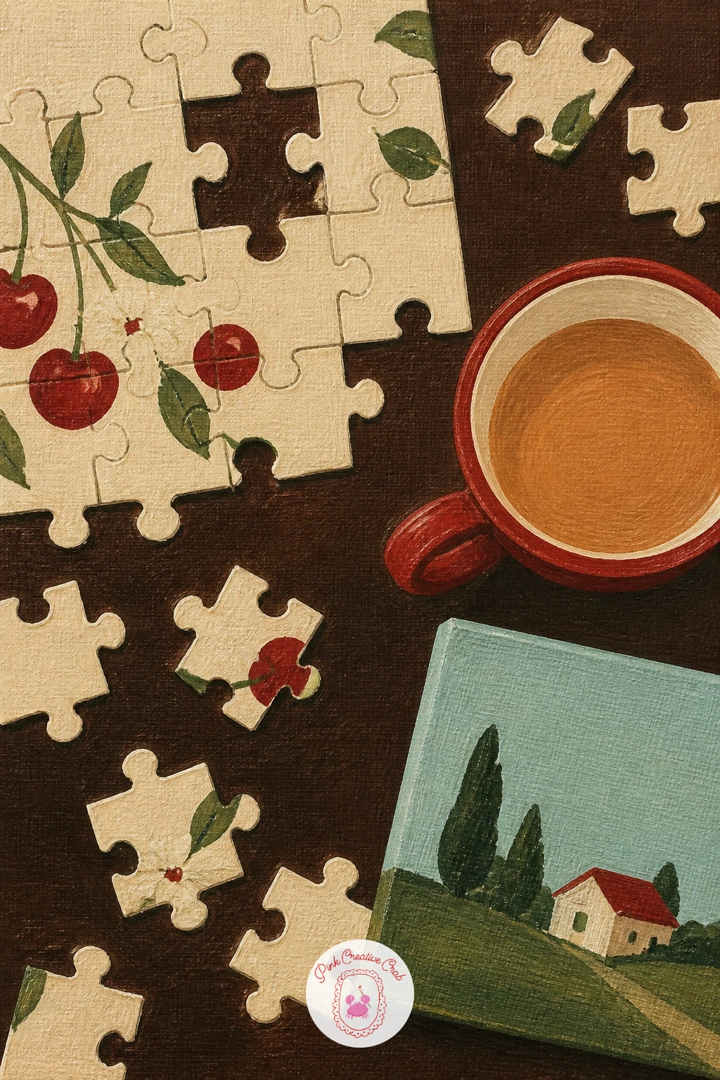 Half-Finished Jigsaw Puzzle With Tea — Move to a half-finished jigsaw puzzle on a coffee table with tea, a scene built almost entirely from small rectangles