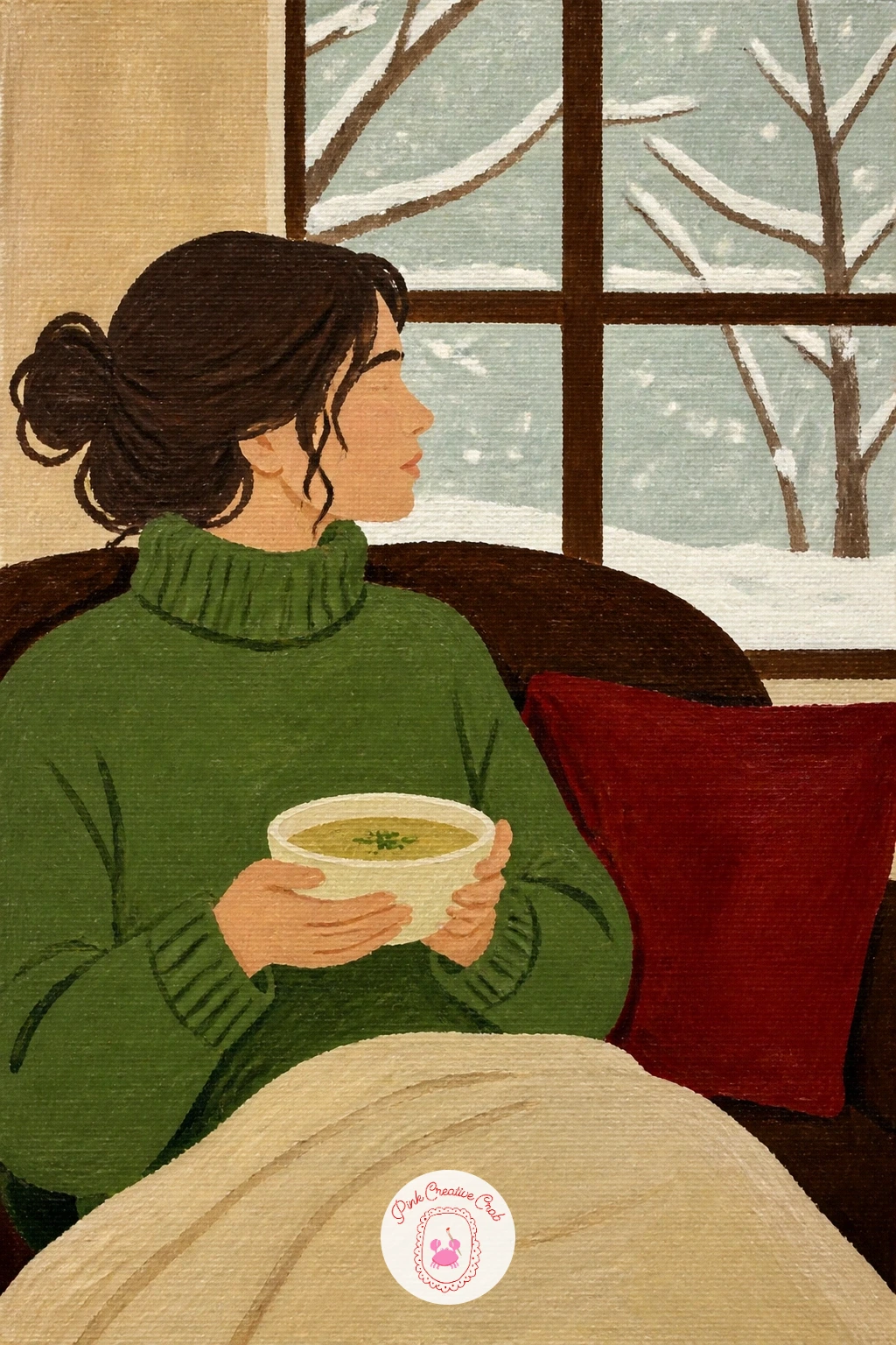 Woman With Soup Bowl by a Snowy Window — A woman on a sofa with a soup bowl and a snowy window behind her brings the outside world in for the first time, so