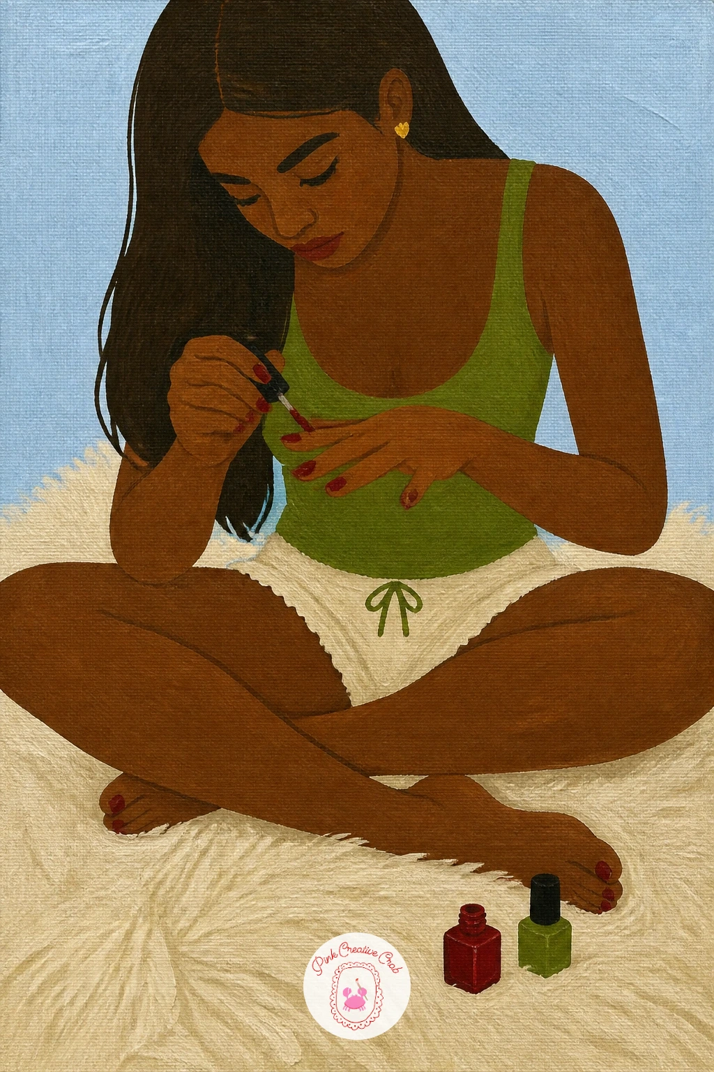 Girl Painting Her Nails on a Fluffy Rug — A girl painting her nails cross-legged on a fluffy rug is a small, quiet scene built from one seated figure and a