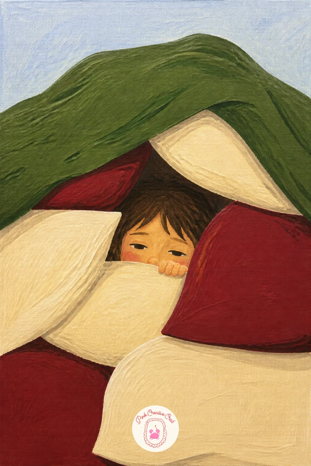 Pillow Fort With a Sleepy Child Peeking Out — Build a pillow fort with a sleepy child peeking out next, since stacking a few large cushion shapes is an easy