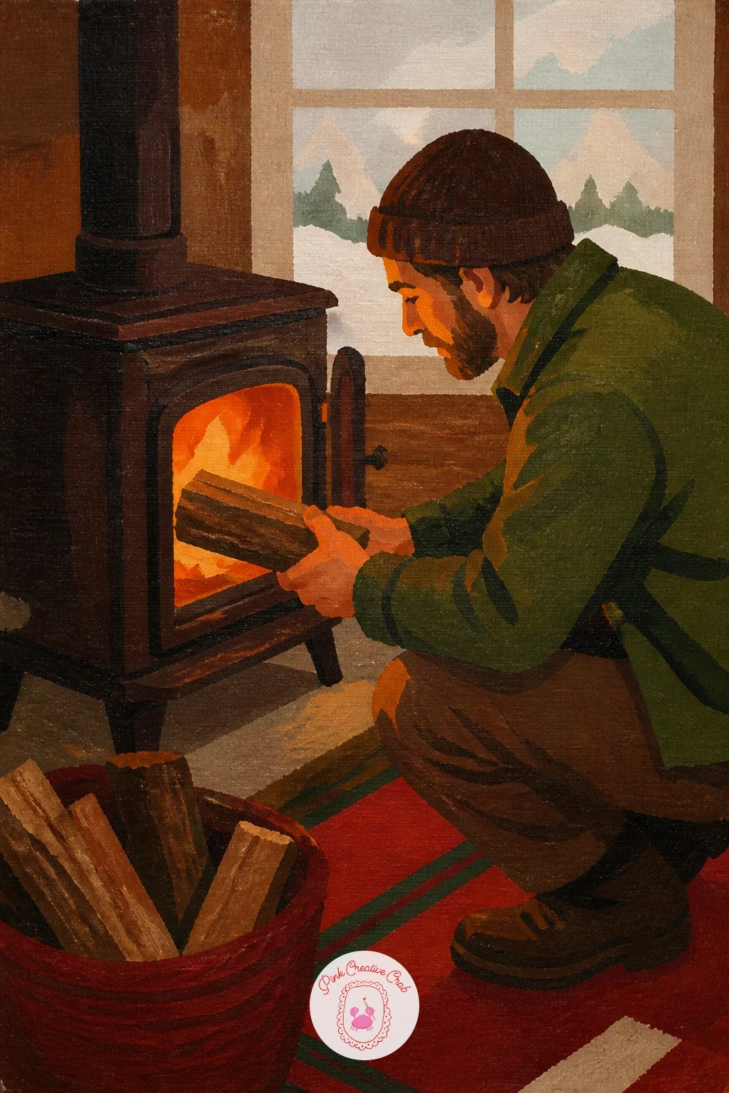 Man Feeding the Wood Stove — Paint a man feeding the wood stove while snow piles up outside to bring real warmth into the room through color alone. Cozy art
