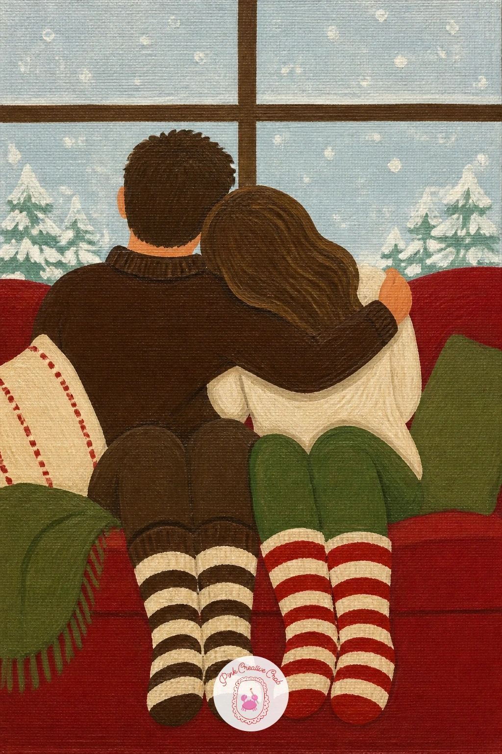 Couple in Wool Socks Watching Snow — A couple in wool socks watching snow from the sofa is another two-figure scene, so lean on what you learned grouping the