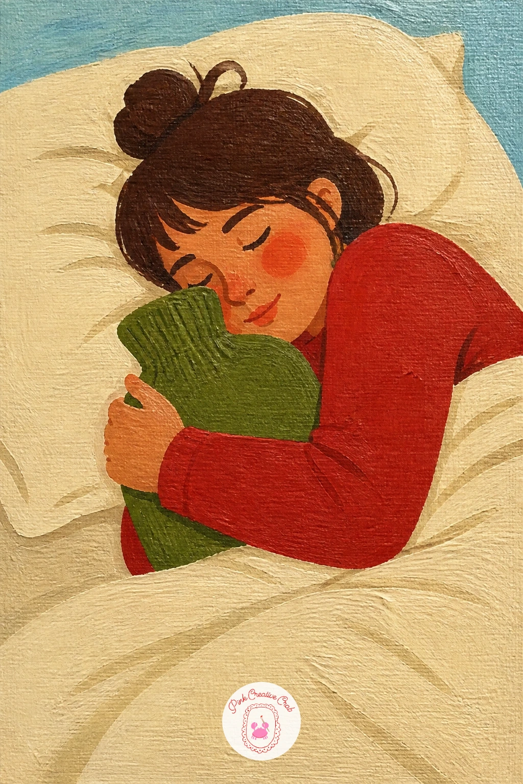 Girl Hugging a Hot Water Bottle in Bed — Paint a girl hugging a hot water bottle in a knit cover in bed to practice a single tight, huddled pose. Cozy art