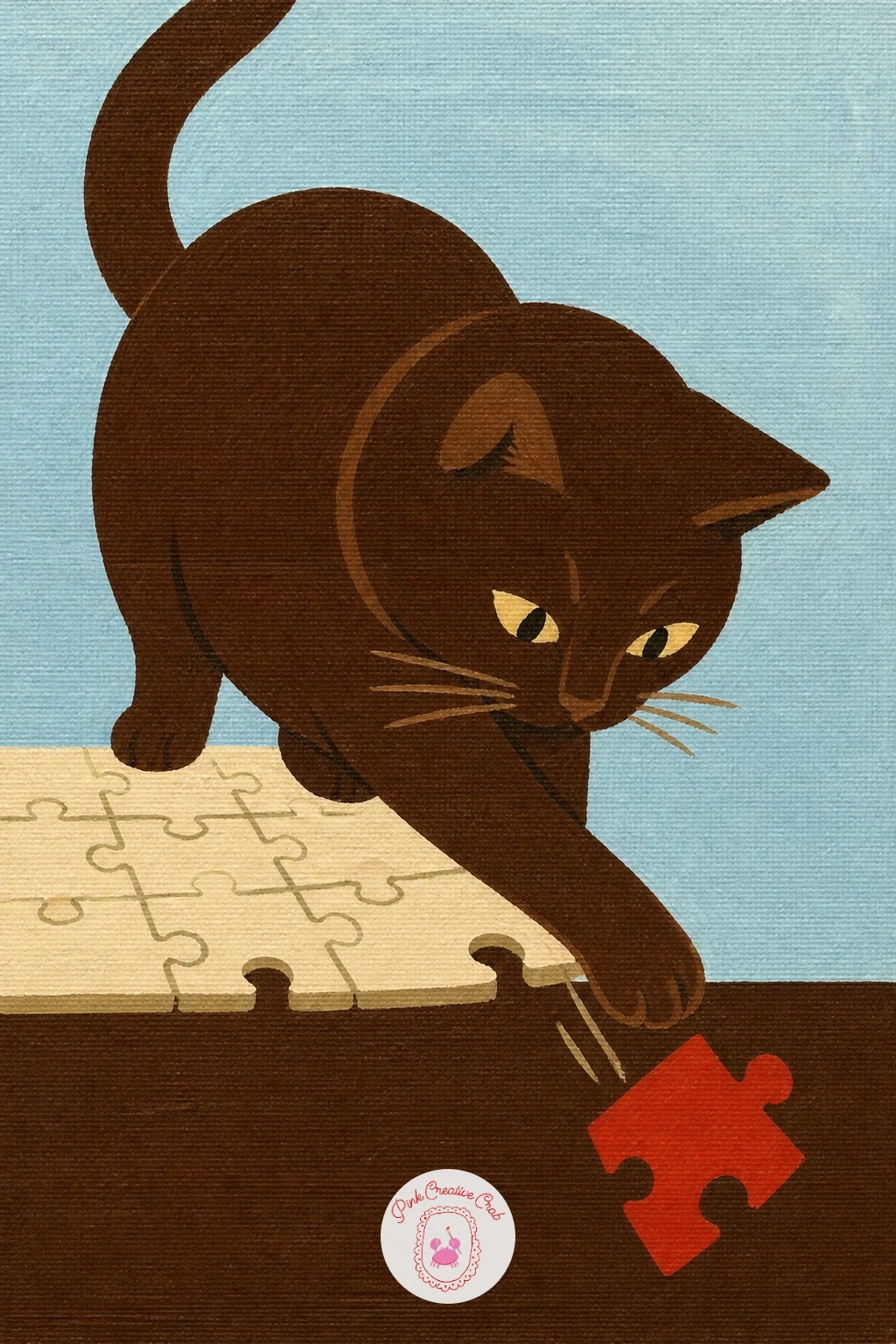 Cat Batting a Puzzle Piece — A cat batting at a puzzle piece on the table edge turns the earlier jigsaw scene into something with a bit of mischief. Cozy art