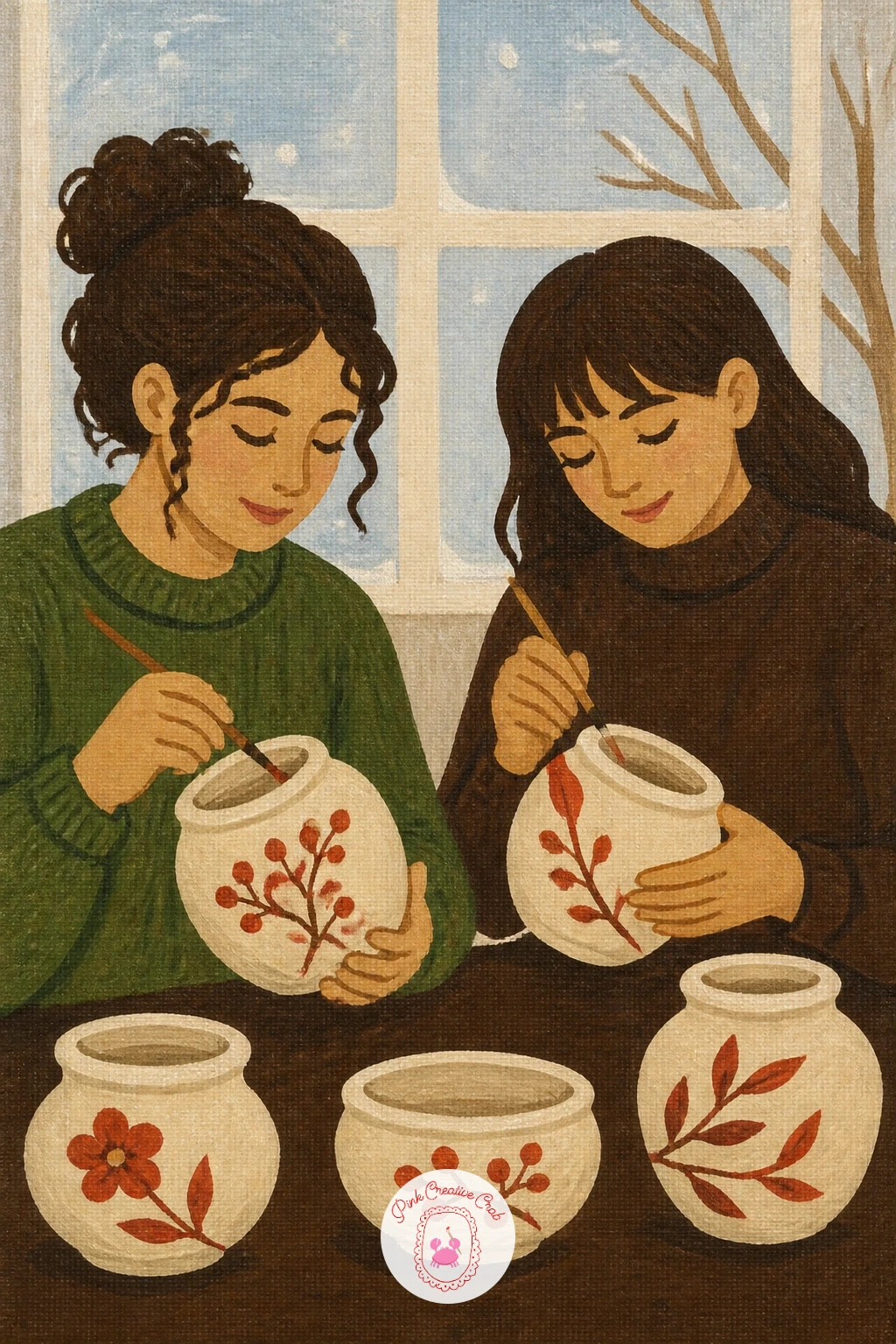 Friends Painting Pottery on a Snow Day — Friends painting pottery at a kitchen table on a snow day is a good place to practice small hand props, since each