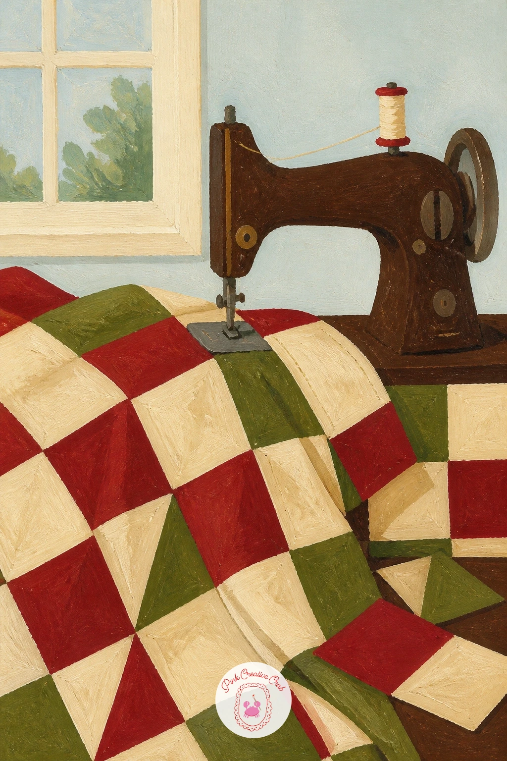 Quilt in Progress on a Sewing Table — Move to a quilt in progress on a sewing table by the window, a still life built almost entirely from fabric squares and