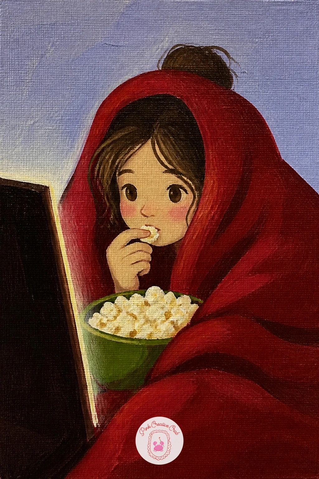 Girl Watching a Movie Under a Blanket — A girl watching a movie under a blanket with popcorn pairs well with the pillow fort scene, since both rely on a