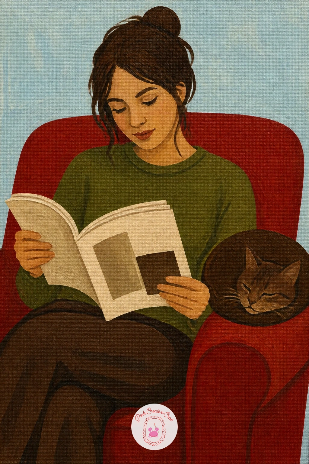 Woman Flipping Magazines With a Cat on the Armrest — A woman flipping magazines in an armchair with a cat on the arm is a good chance to paint two very