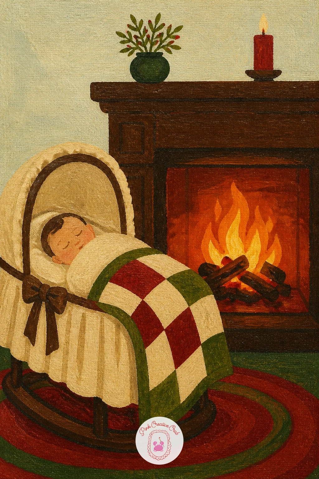 Sleeping Baby Beside a Crackling Fireplace — A sleeping baby in a bassinet beside a crackling fireplace is one of the quieter scenes on this list, built from