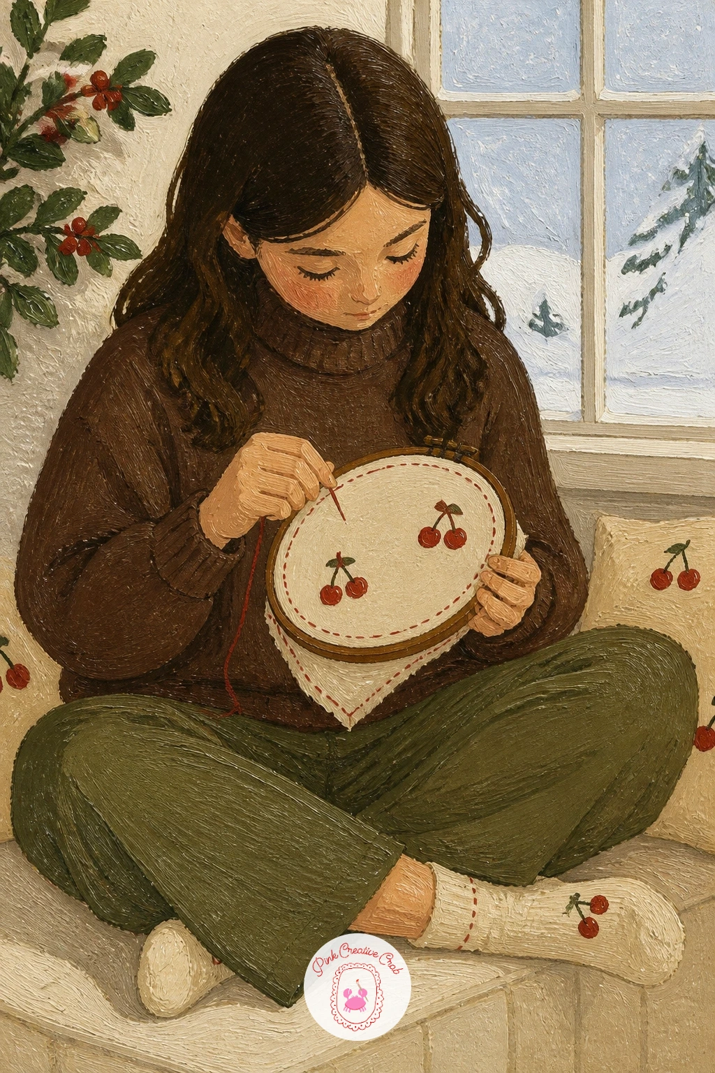 Girl Doing Cross Stitch in a Window Seat — A girl doing cross stitch in a window seat asks for a seated figure framed by a window, which makes it a natural