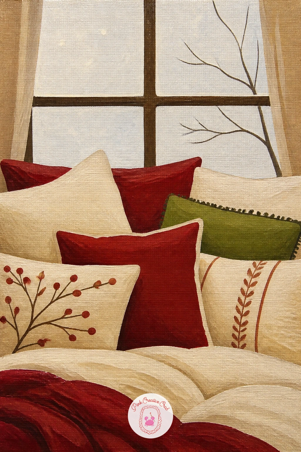 Bed Piled With Pillows Facing a Snowy Window — A bed piled with pillows facing a snowy window is a still life without a single figure in it, which makes it a