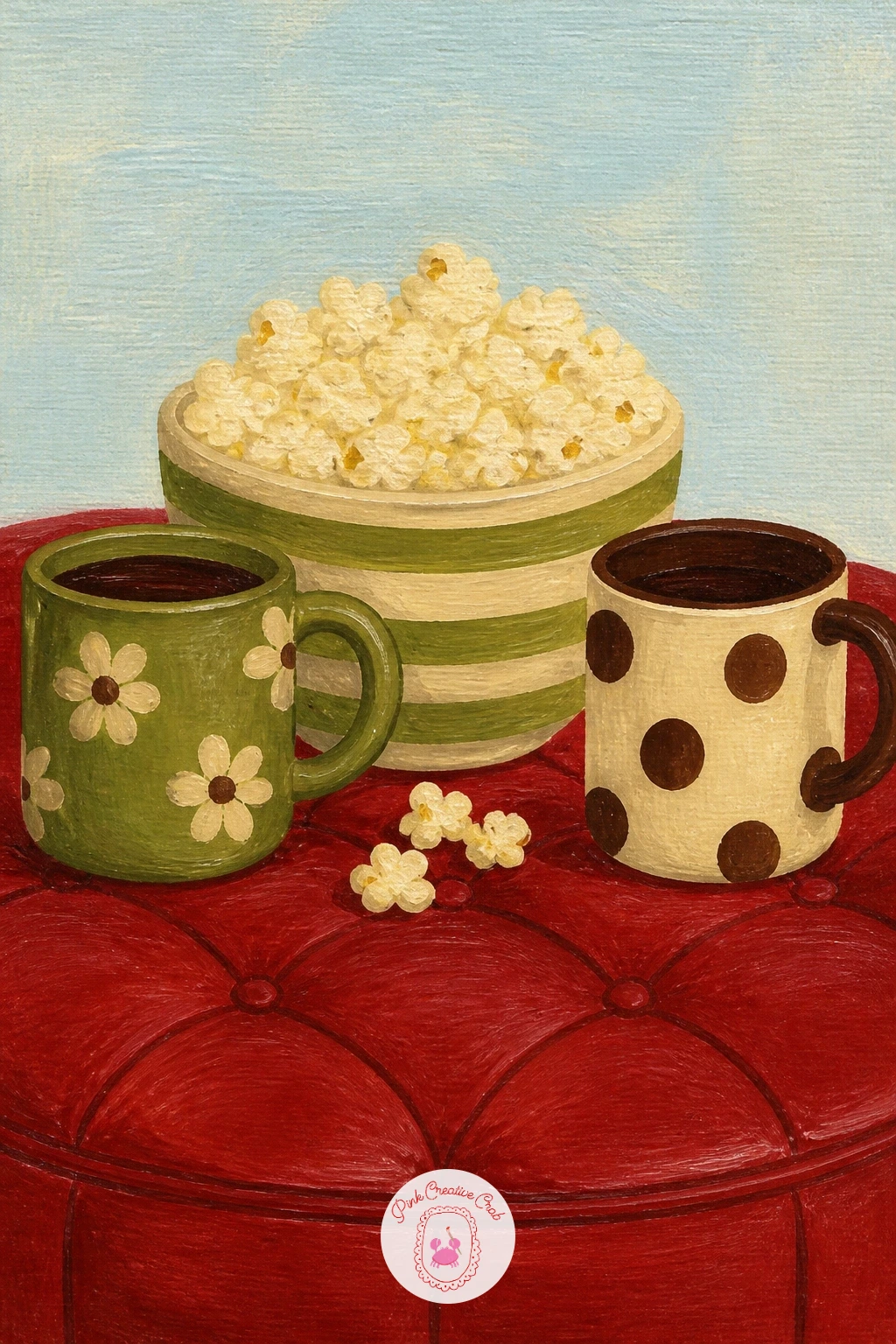Popcorn and Two Mugs on a Quilted Ottoman — A bowl of popcorn and two mugs on a quilted ottoman is a small tabletop still life that works as a quick warm-up