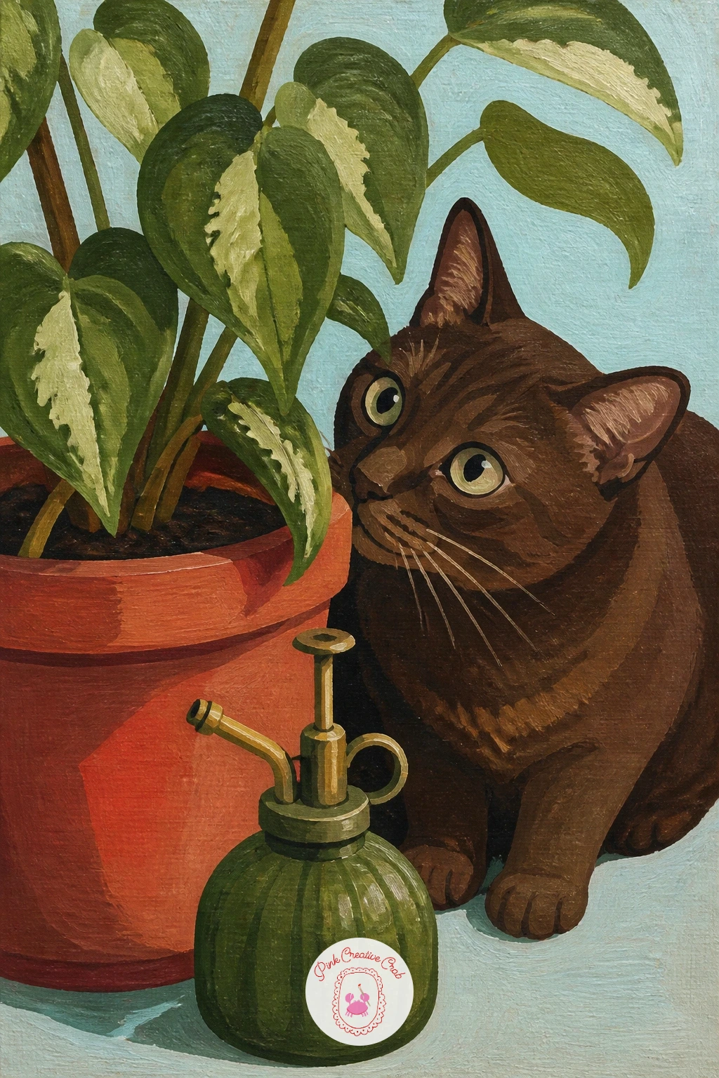 Houseplant Corner With a Curious Cat — A houseplant corner with a misting bottle and a curious cat shifts the focus briefly away from people, letting you