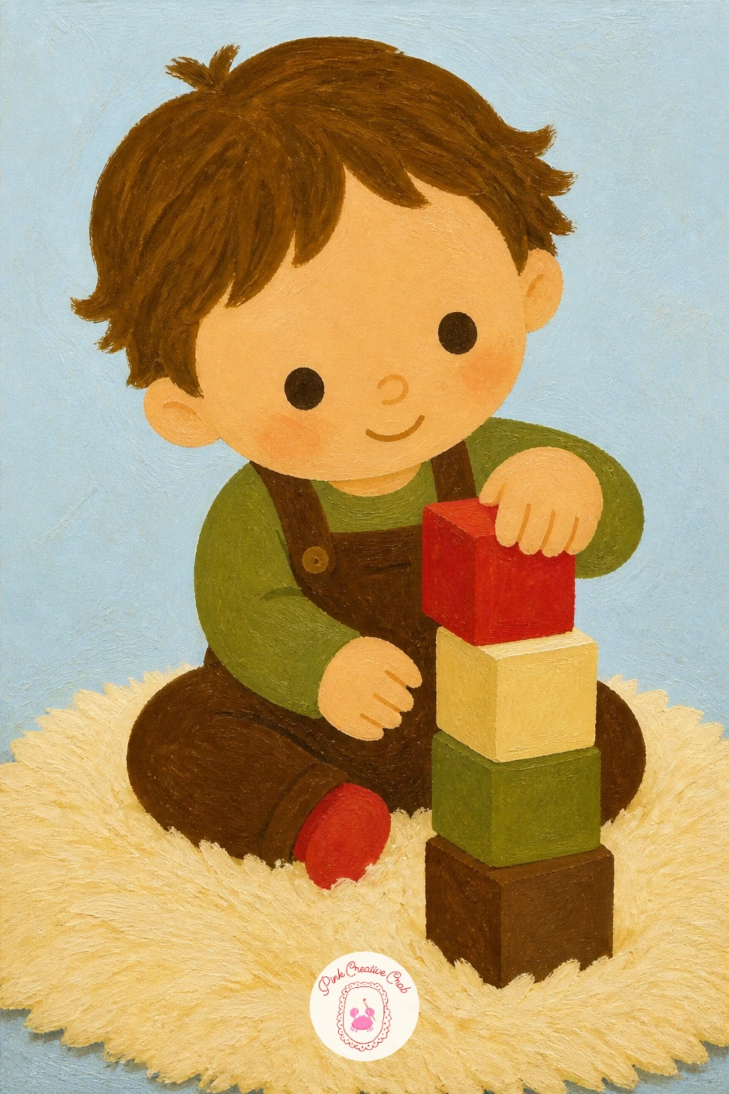 Toddler Stacking Blocks on a Sheepskin Rug — A toddler stacking blocks on a sheepskin rug brings a child's rounder proportions into the mix, which differ a lot