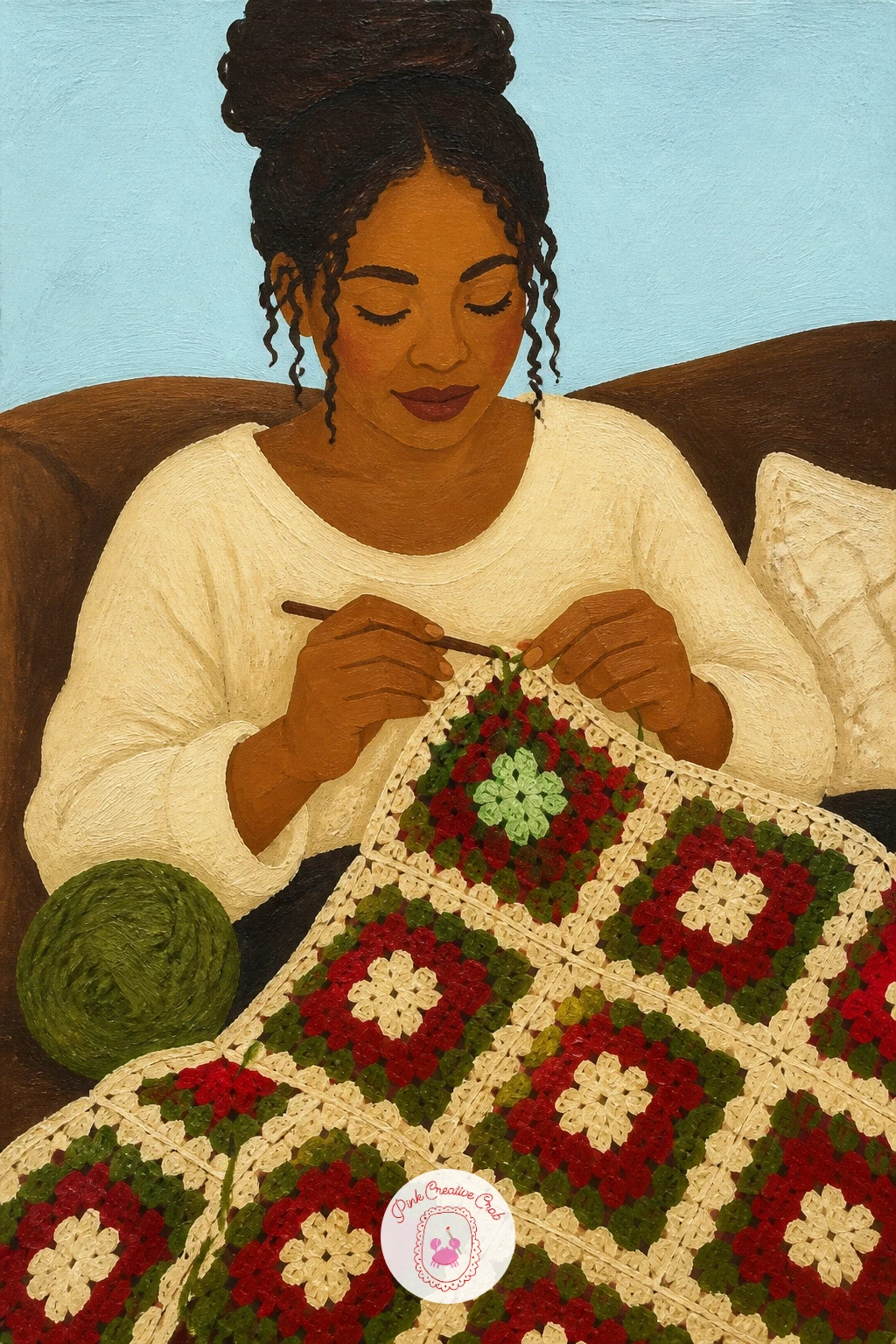 Woman Crocheting a Granny Square Blanket — A woman crocheting a granny square blanket on the sofa returns to a seated adult figure, this time with both hands