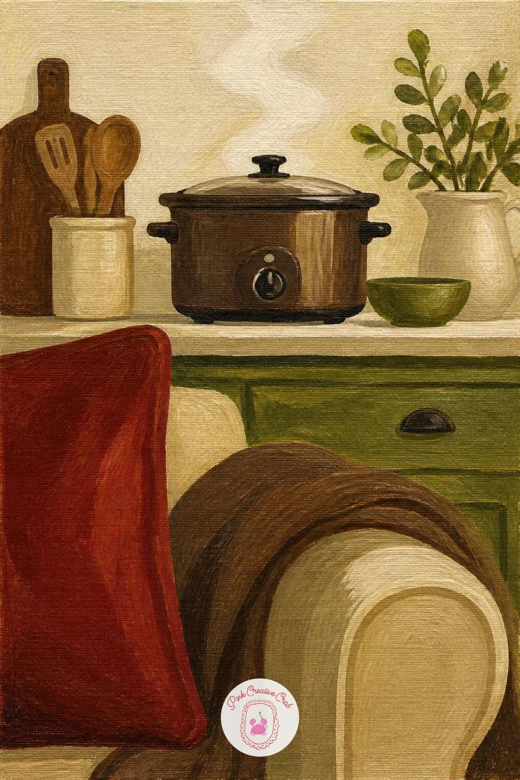 Slow Cooker of Soup Seen From the Sofa — A slow cooker of soup on the counter seen from the sofa pulls the kitchen into the background of a living room scene