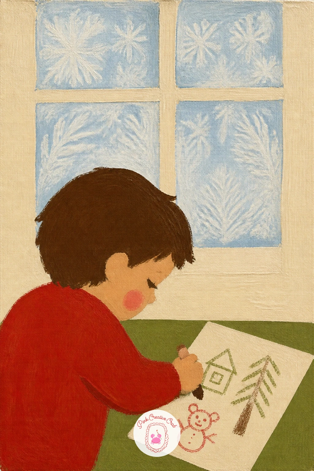 Child Drawing at a Frosted Window — A child drawing pictures at a table by a frosted window gives you a reason to paint frost itself, which is a nice small