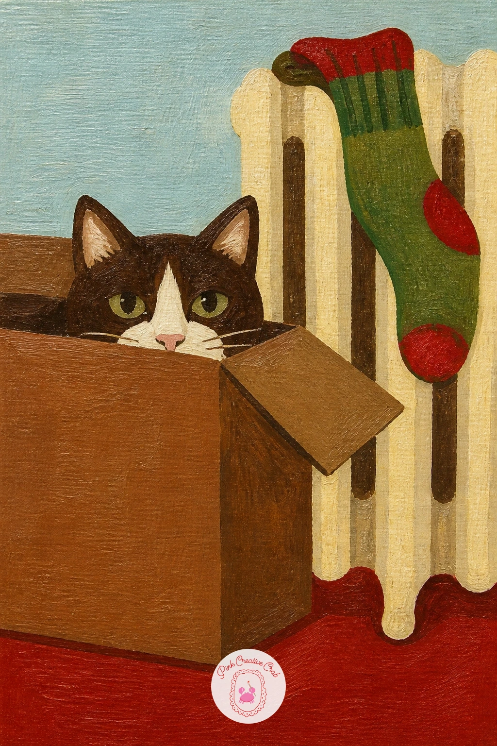 Cat in a Cardboard Box Beside a Radiator — A cat in a cardboard box beside a radiator is a small, almost architectural scene, since the box itself is just a