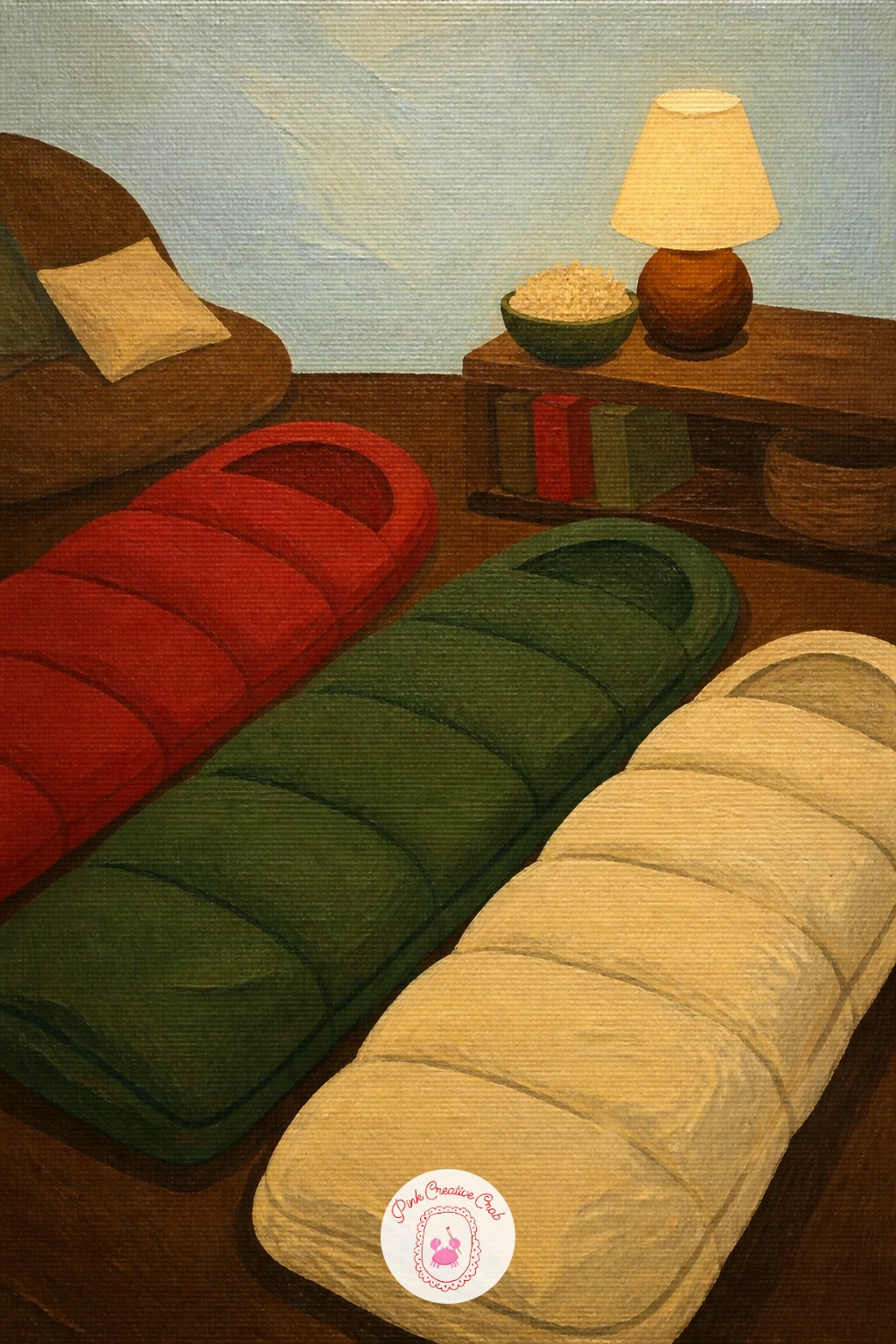 Sleepover With Sleeping Bags on the Floor — Friends at a sleepover with sleeping bags across the lounge floor asks you to repeat one simple shape, the sleeping