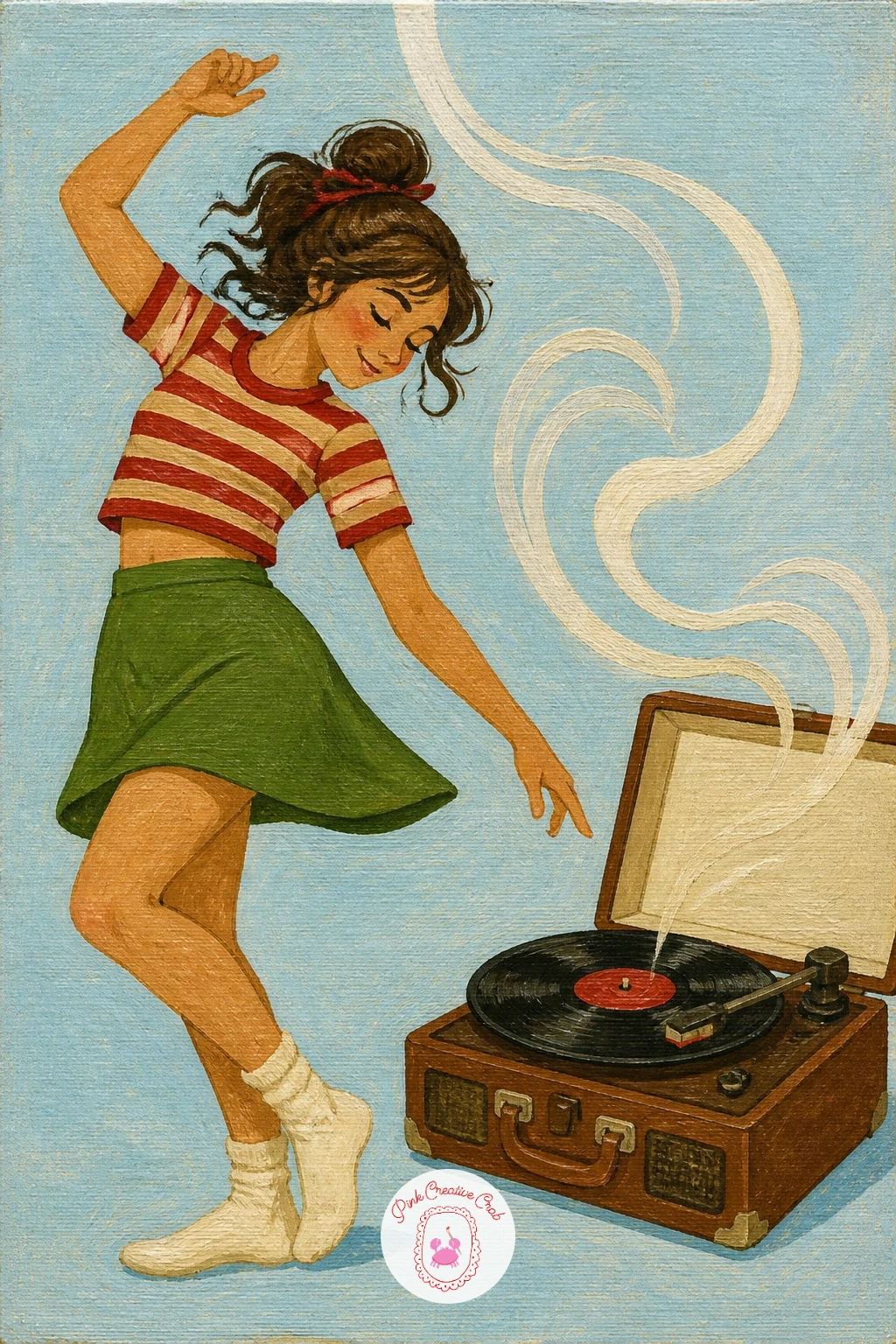 Record Player Spinning While a Girl Dances — A record player spinning while a girl dances in socks is the most active pose on this list, so it is worth